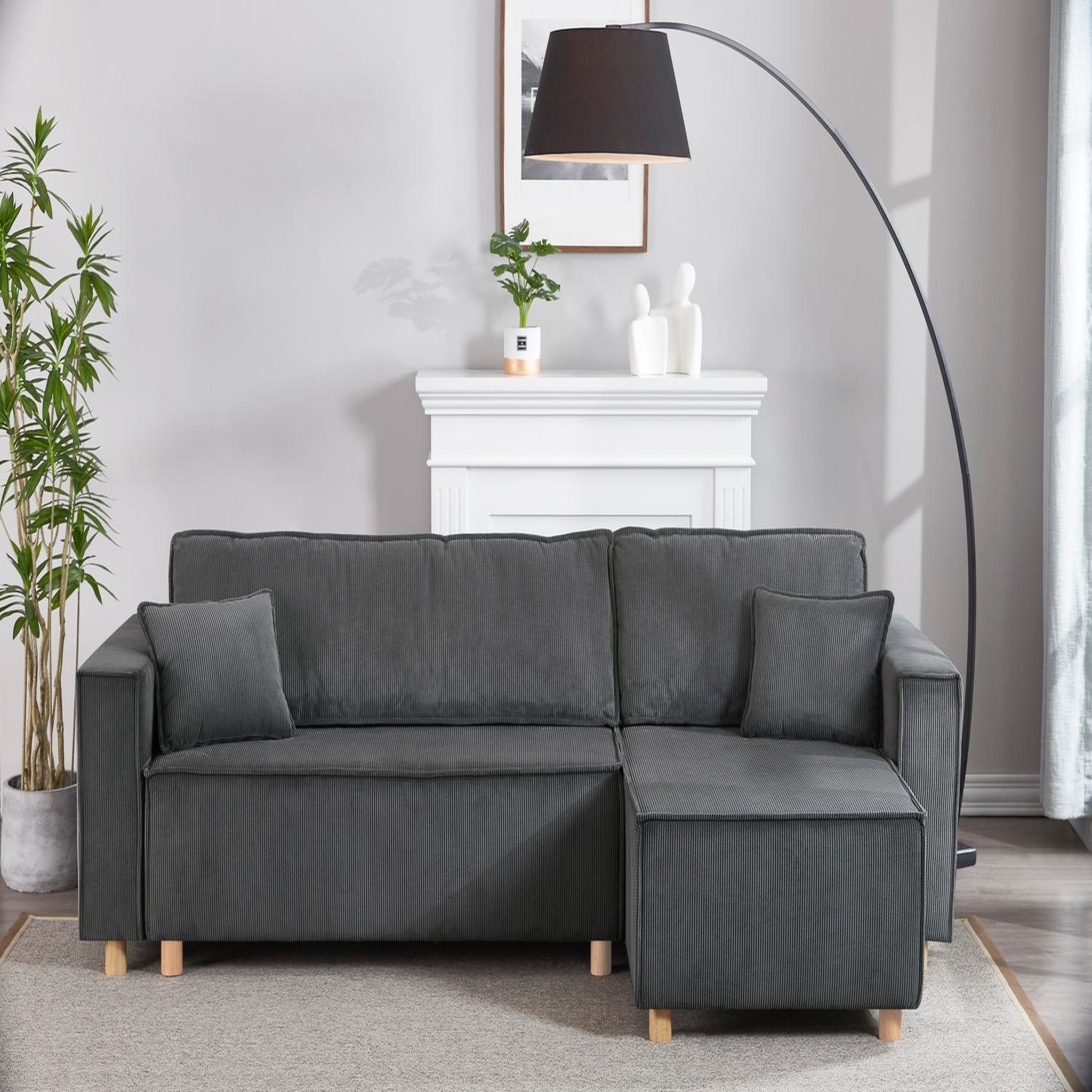 Voir la diapositive 2 : CONCEPT USINE Canapé convertible d'angle réversible 4 places velours côtelé gris cosy