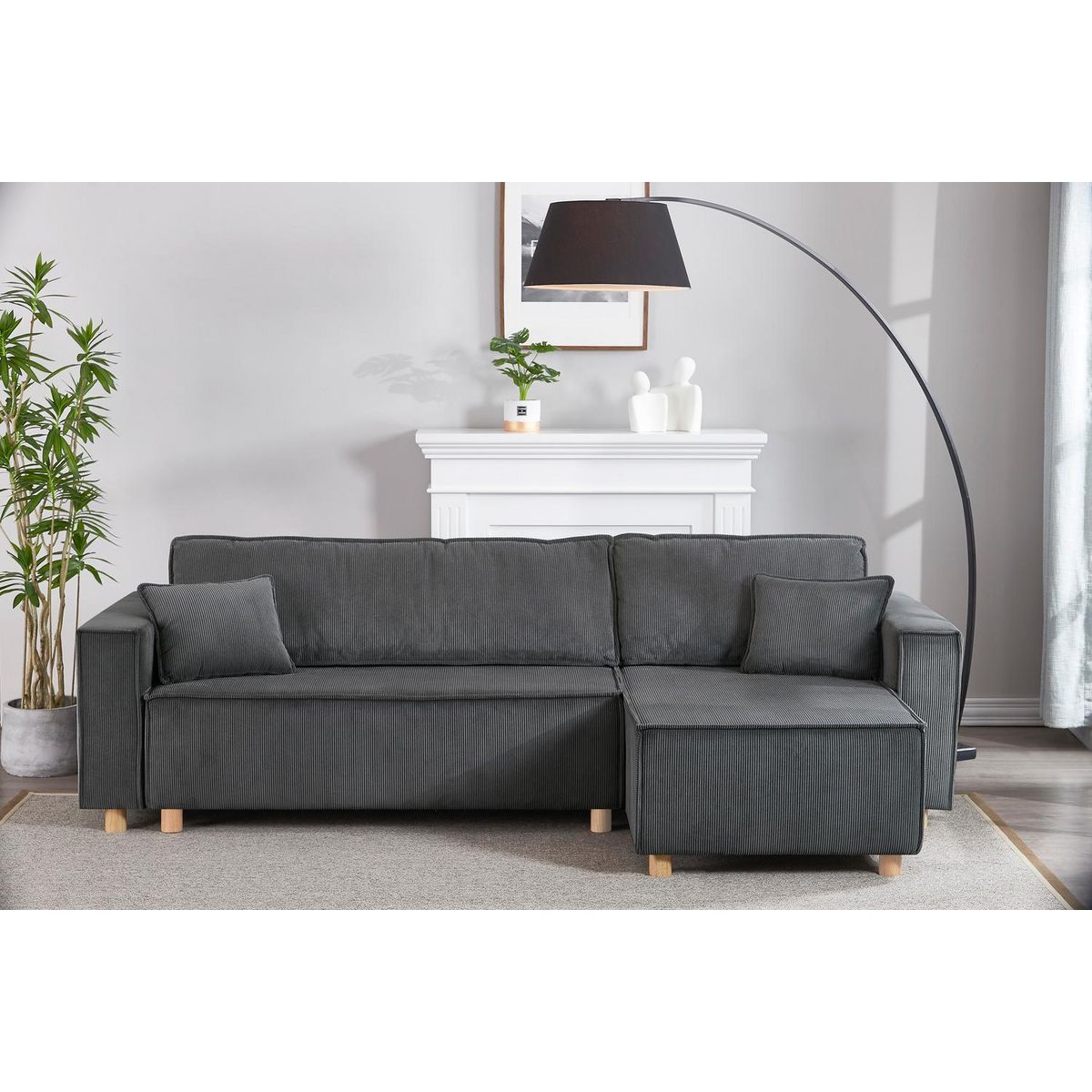 CONCEPT USINE Canapé convertible d'angle réversible 4 places velours côtelé gris COSY