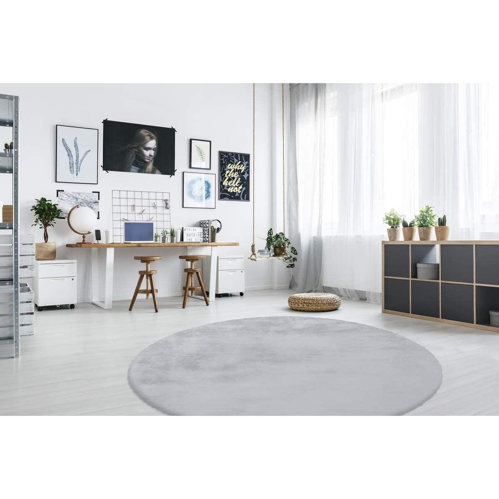 Voir la diapositive 2 : Paris Prix Tapis rond à poils longs  rabbit  160cm bleu gris