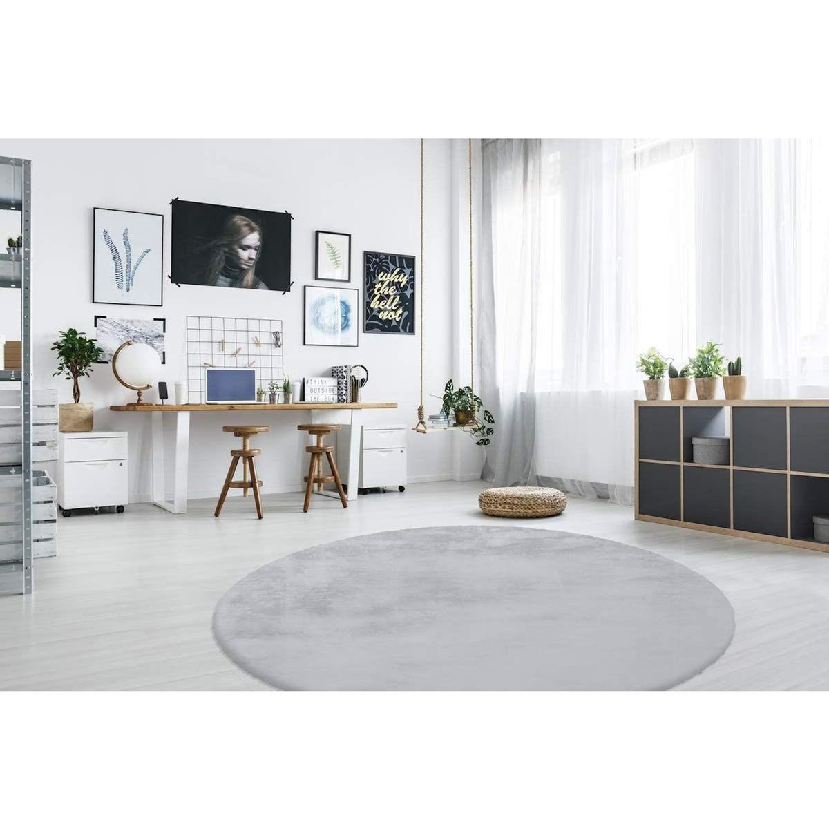 Paris Prix Tapis Rond à Poils Longs  Rabbit  160cm Bleu Gris