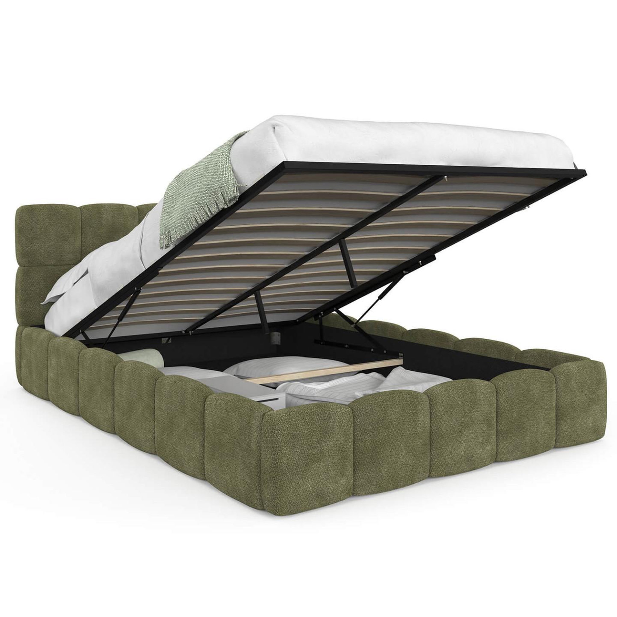 ID MARKET Lit coffre double nuage avec tête de lit matelassée et sommier 140 x 190 cm tissu chenille vert kaki