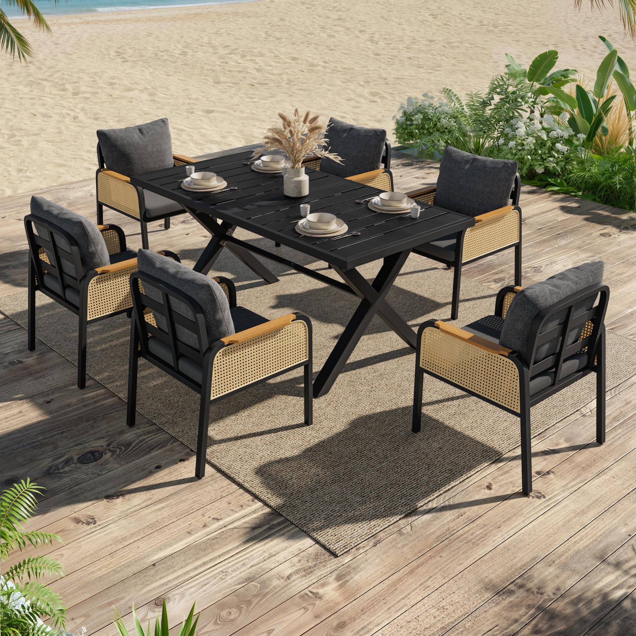 Voir la diapositive 4 : MERAX Salon de jardin 6 places en fer avec 1 table 6 chaises, noir  bois