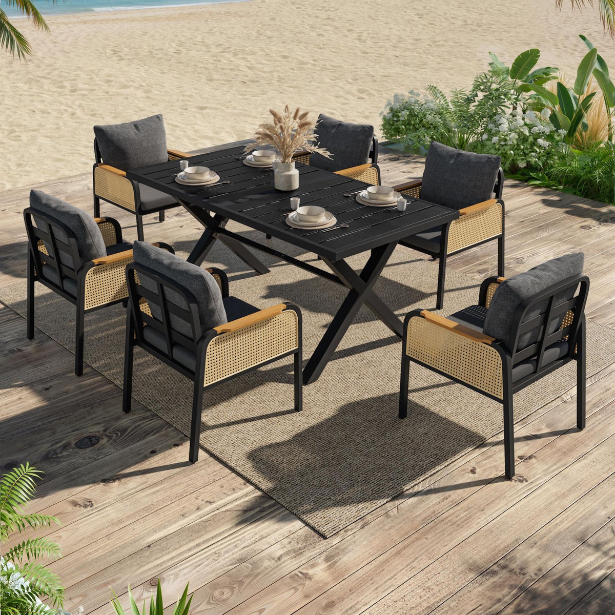 MERAX Salon de jardin 6 places en fer avec 1 table 6 chaises, noir  bois