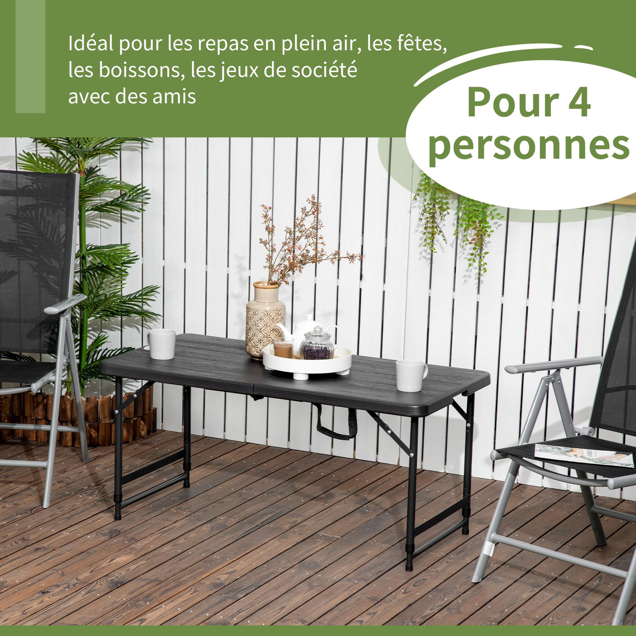 Voir la diapositive 4 : OUTSUNNY Table de jardin pliable 4 personnes table de camping pliable hauteur réglable acier époxy plateau hdpe aspect bois gris