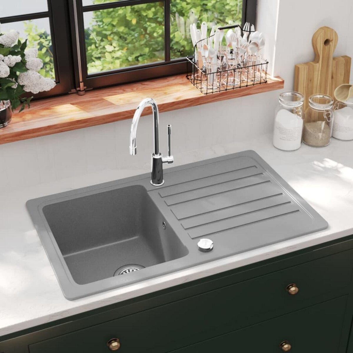 VIDAXL Evier de cuisine en granite avec egouttoir reversible Gris