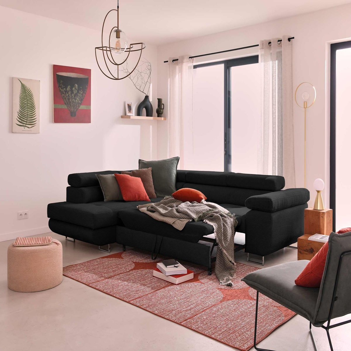 BEST MOBILIER Zaria - canapé d'angle gauche - convertible avec coffre et têtières réglables - 5 places - en velours côtelé