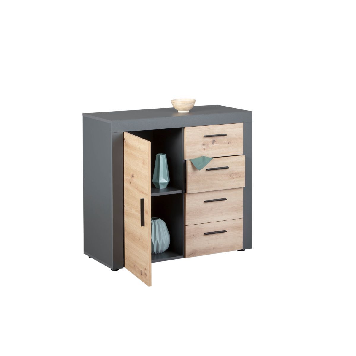 Commode meuble de rangement 1 porte 4 tiroirs L94cm BETO