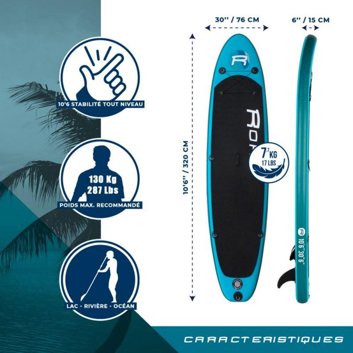 ROHE Stand Up Paddle Gonflable PACIFIC ROHE - 10'6'' (320cm) 30'' (76cm) 6'' (15cm) avec Pompe, Pagaie, Leash et Sac de transport