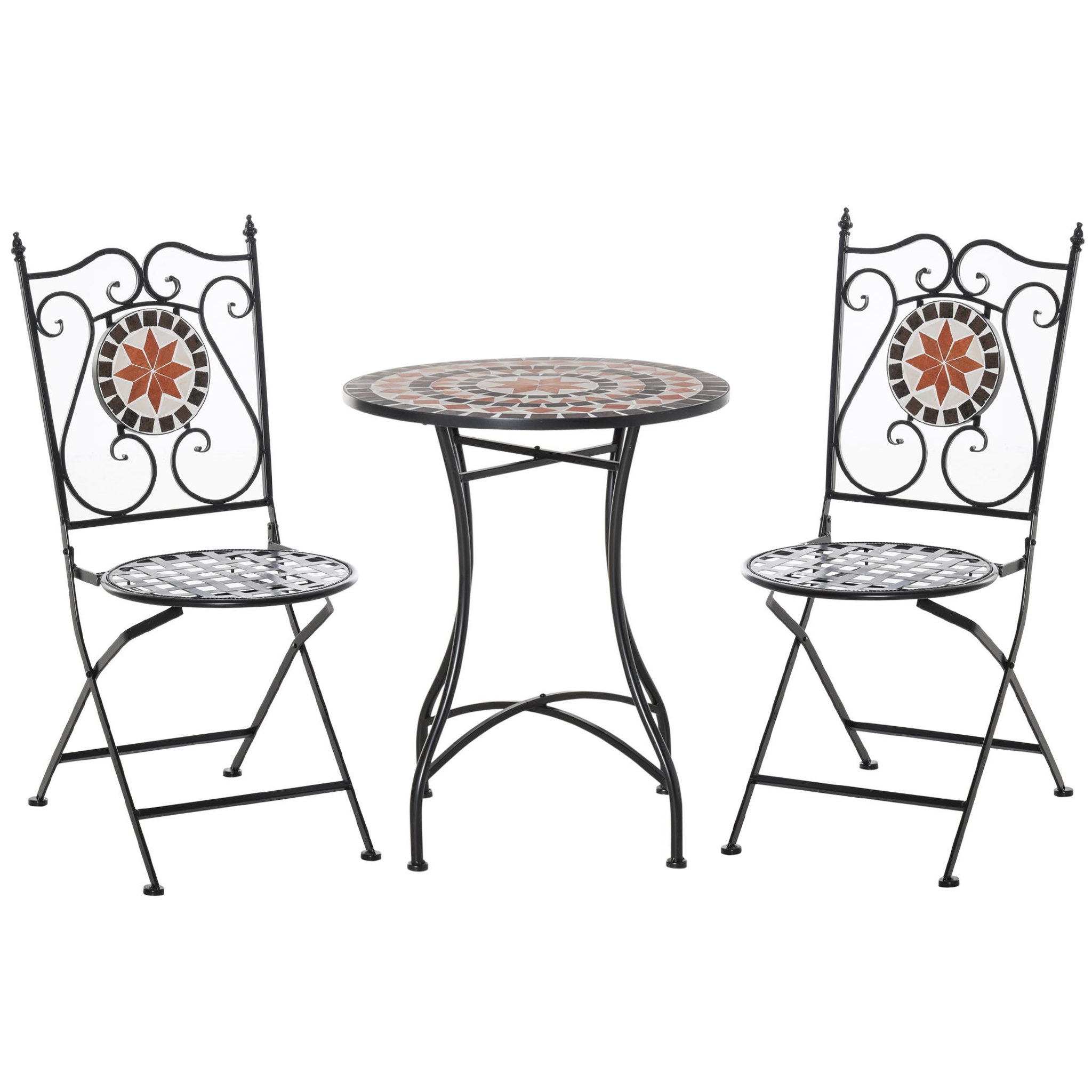 OUTSUNNY Ensemble bistro 2 places 3 pièces style fer forgé mosaïque céramique motif rose des vents chaises pliables métal époxy noir