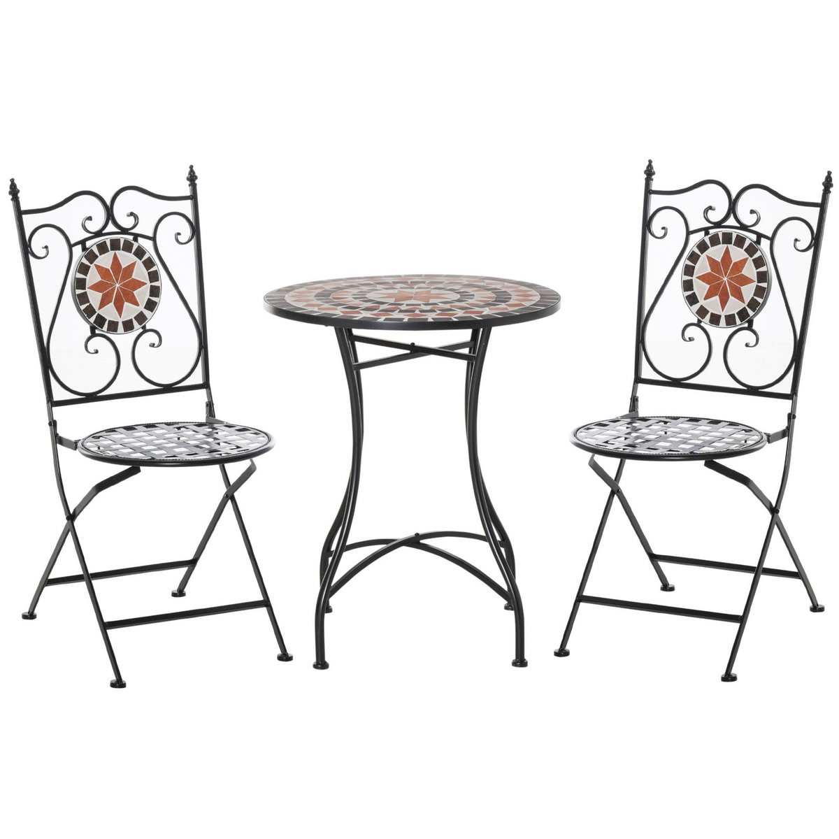 OUTSUNNY Ensemble bistro 2 places 3 pièces style fer forgé mosaïque céramique motif rose des vents chaises pliables métal époxy noir