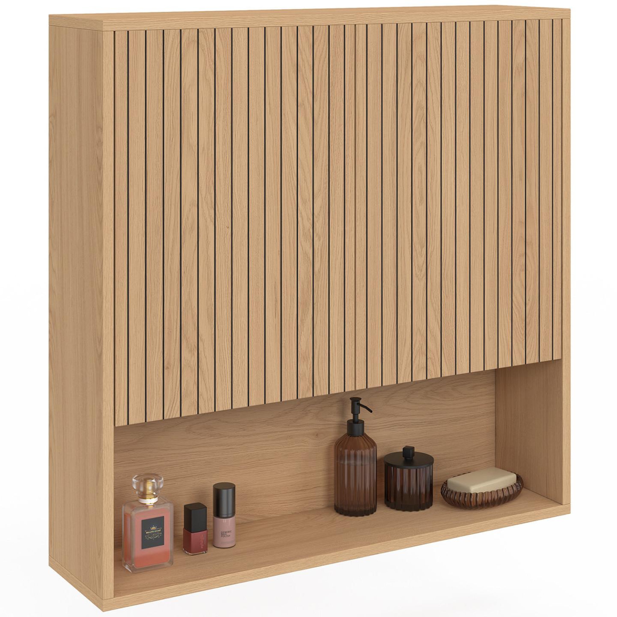 ID MARKET Meuble de rangement suspendu pour salle de bain VICTOR 2 portes et étagère effet lattes