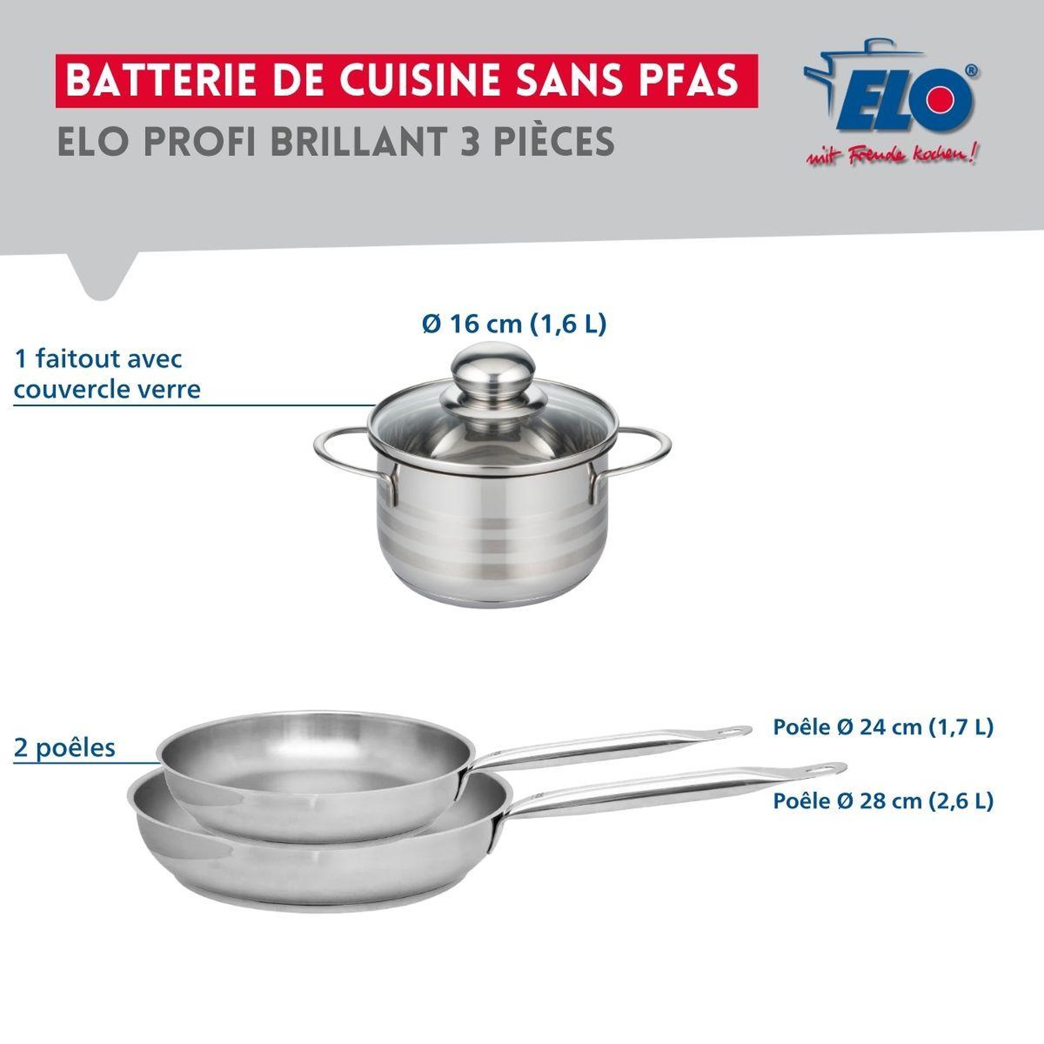 Voir la diapositive 2 : ELO Ensemble de 2 poêles de cuisson 24 et 28 cm et 1 faitout 16 cm elo profi brillant
