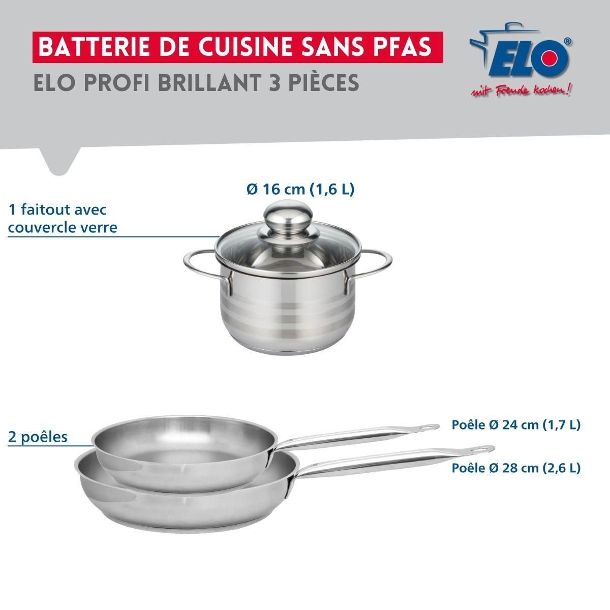 ELO Ensemble de 2 Poêles de cuisson 24 et 28 cm et 1 faitout 16 cm Elo Profi Brillant