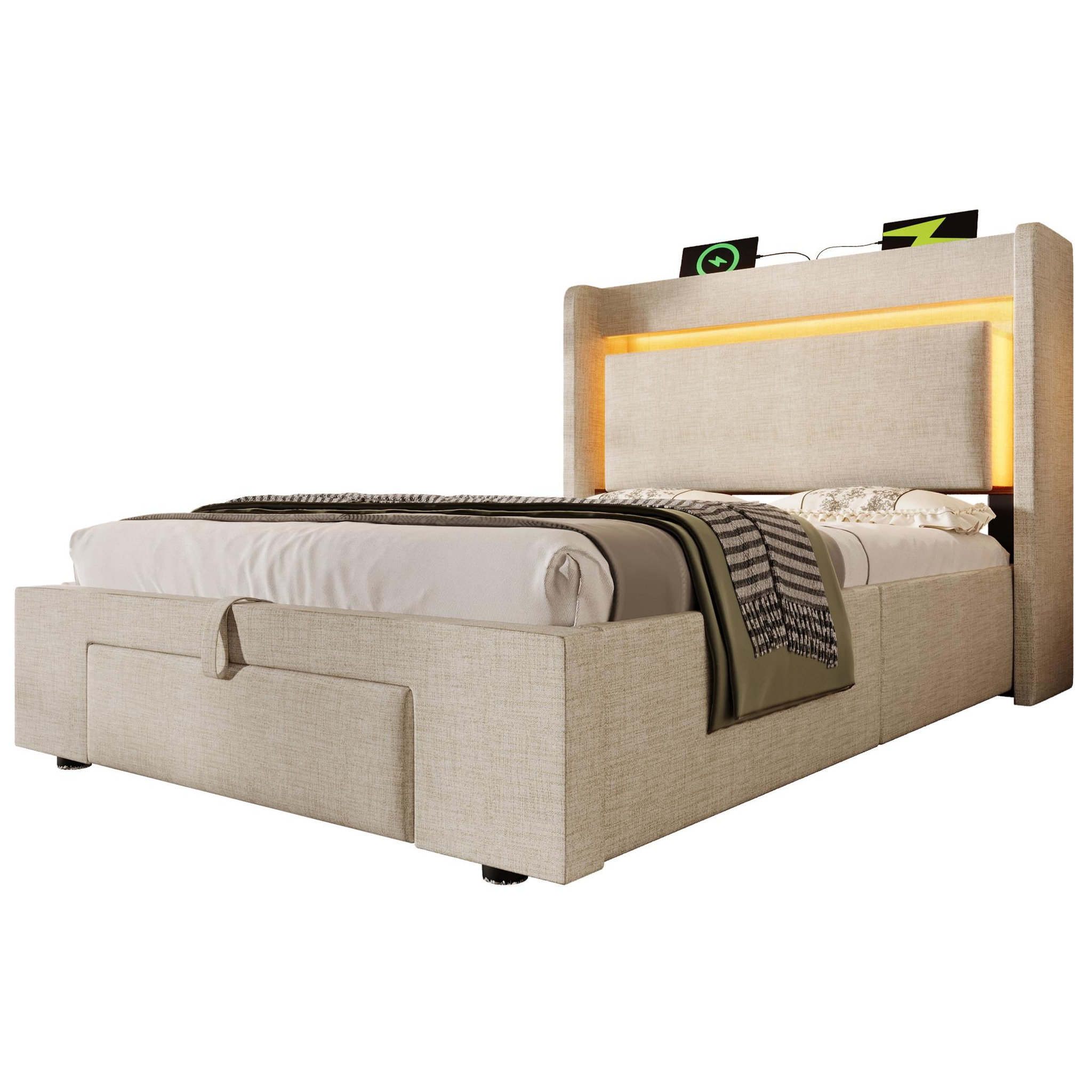 MERAX Lit coffre 90x200 cm en lin avec tête de lit rangement led usb usb-c et sommier à lattes. Coloris disponibles : Gris, Beige