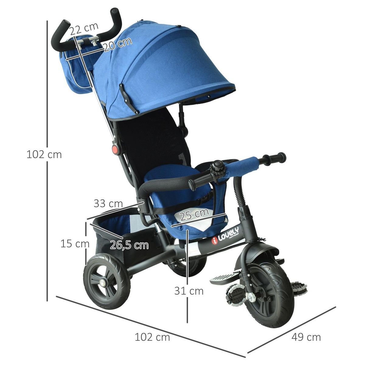 HOMCOM Tricycle enfants évolutif canne  et pare-soleil pliable amovible sacoche et panier 102 x 49l x 102 cm acier bleu