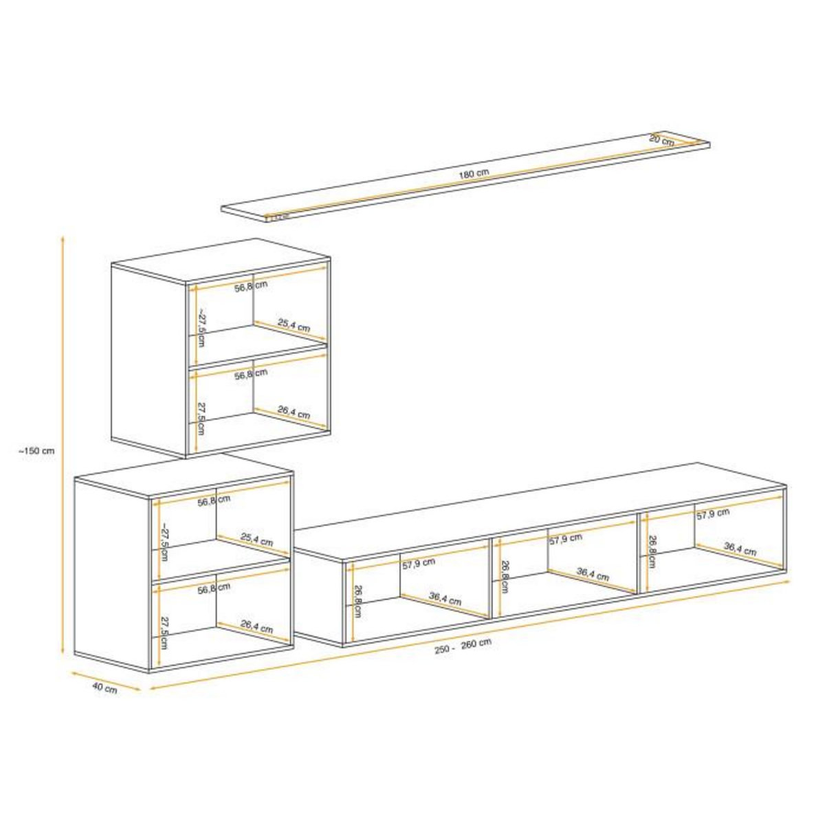 Paris Prix Meuble TV Mural Design  Switch V  250cm Naturel & Noir