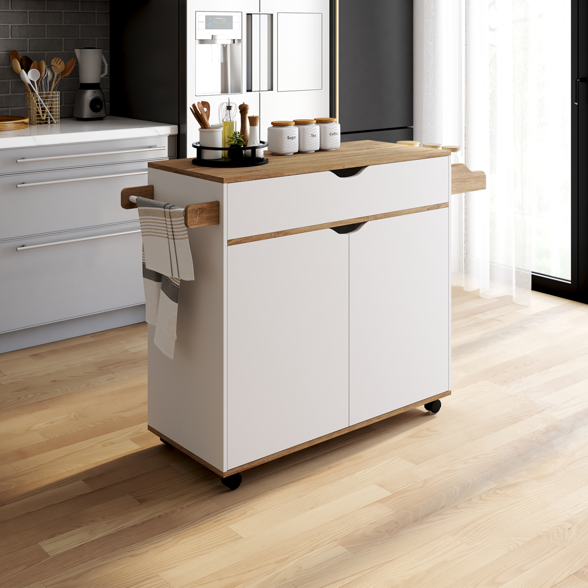 Voir la diapositive 2 : ID MARKET Desserte de cuisine cosy xxl placard avec tiroir blanc et plateaux façon hêtre l.90 cm