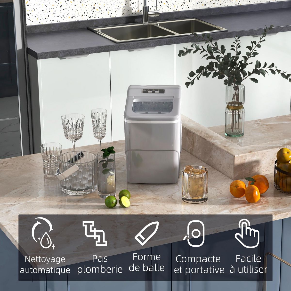 HOMCOM Machine à glaçon 130 W - capacité réservoir eau 2 L - capacité réservoir glace 0,7 Kg - cuillère et panier inclus - PP gris