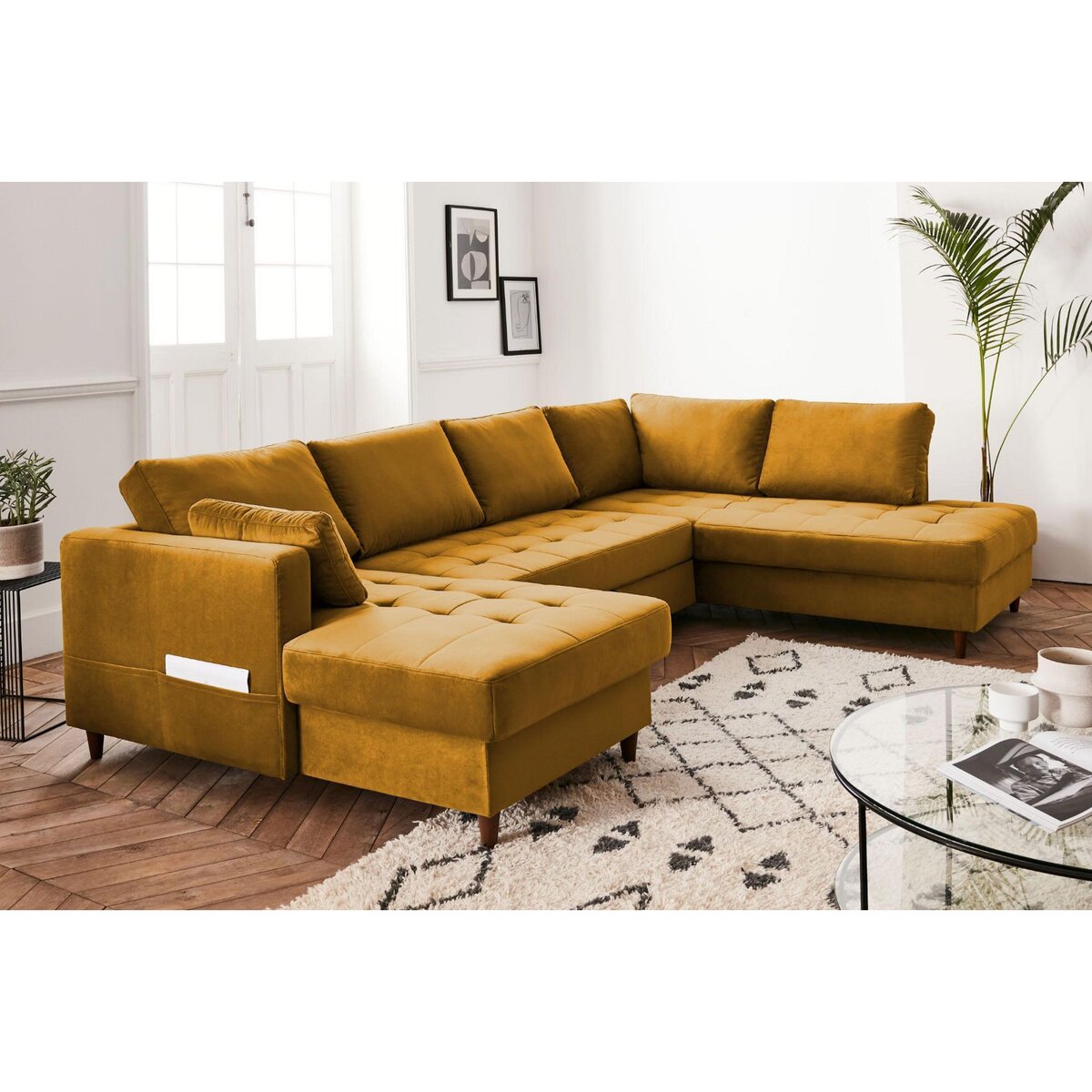 LISA DESIGN Anna - canapé panoramique d'angle droit - 7 places - convertible avec coffre - en velours