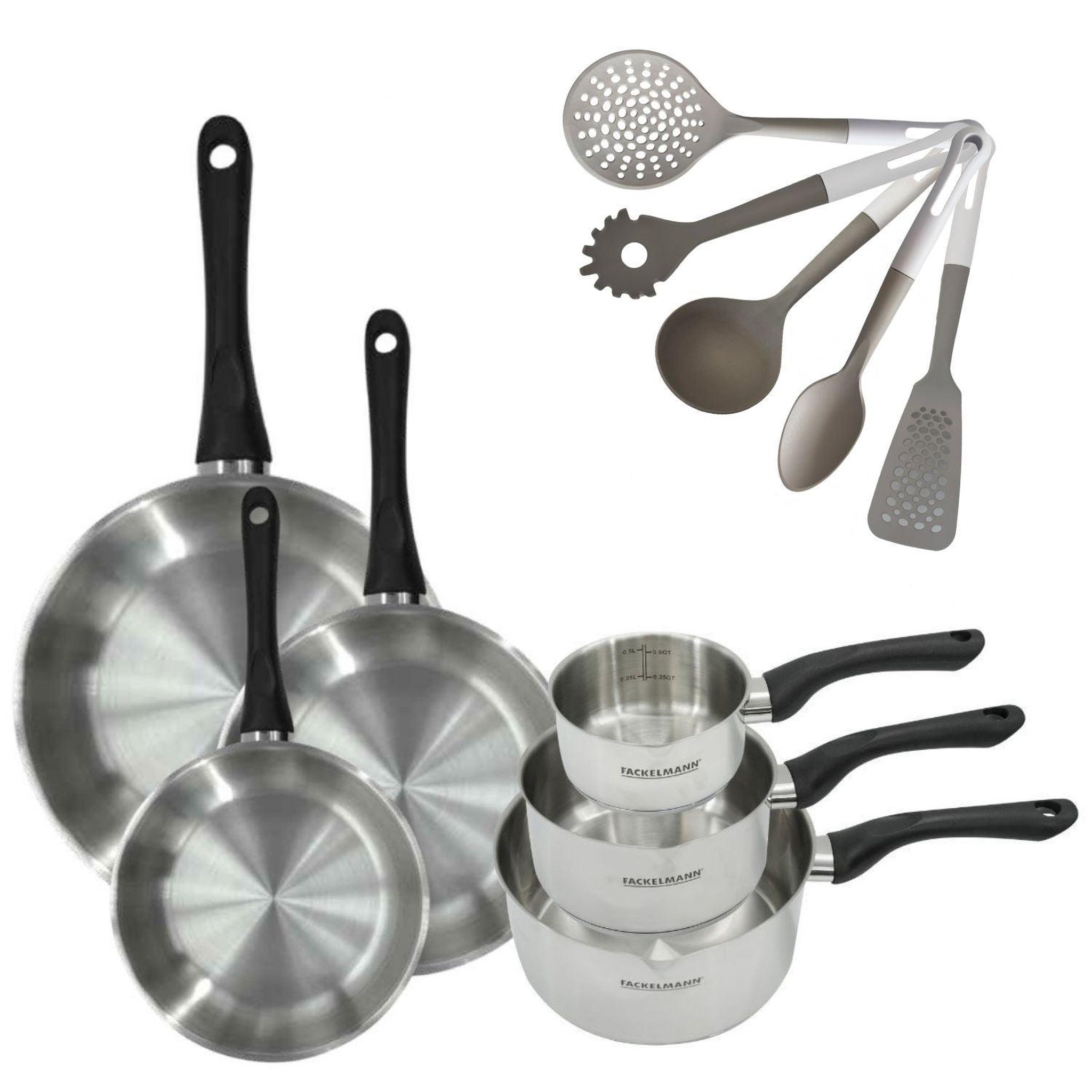 Fackelmann Batterie de cuisine avec 3 casseroles 12/16/20 cm et 3 poêles 20/24/28 cm avec 5 ustensiles de cuisine fackelmann généva vario