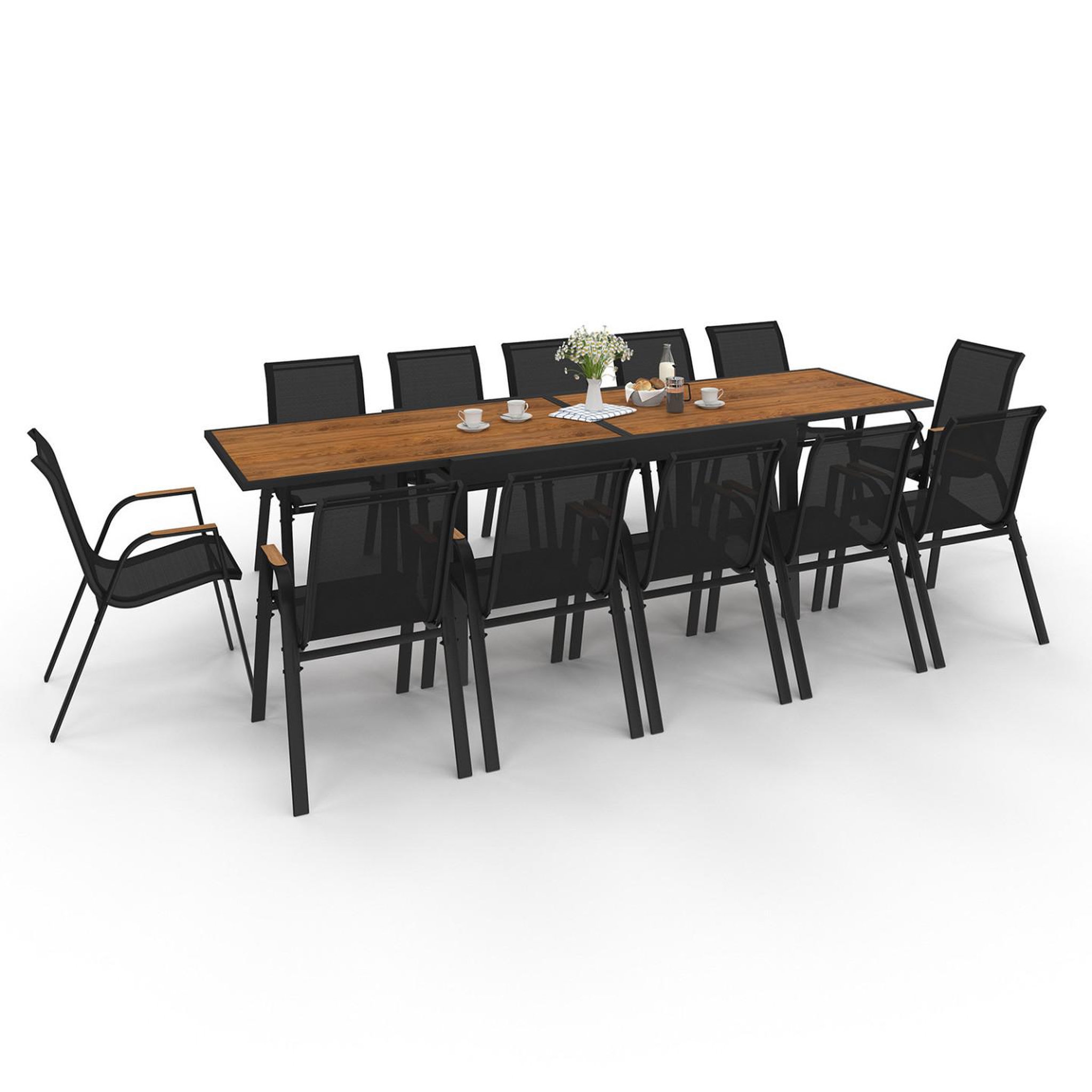ID MARKET Salon de jardin noumea table extensible 135/270 cm plateau verre trempé effet bois et 12 chaises empilables noir et bois