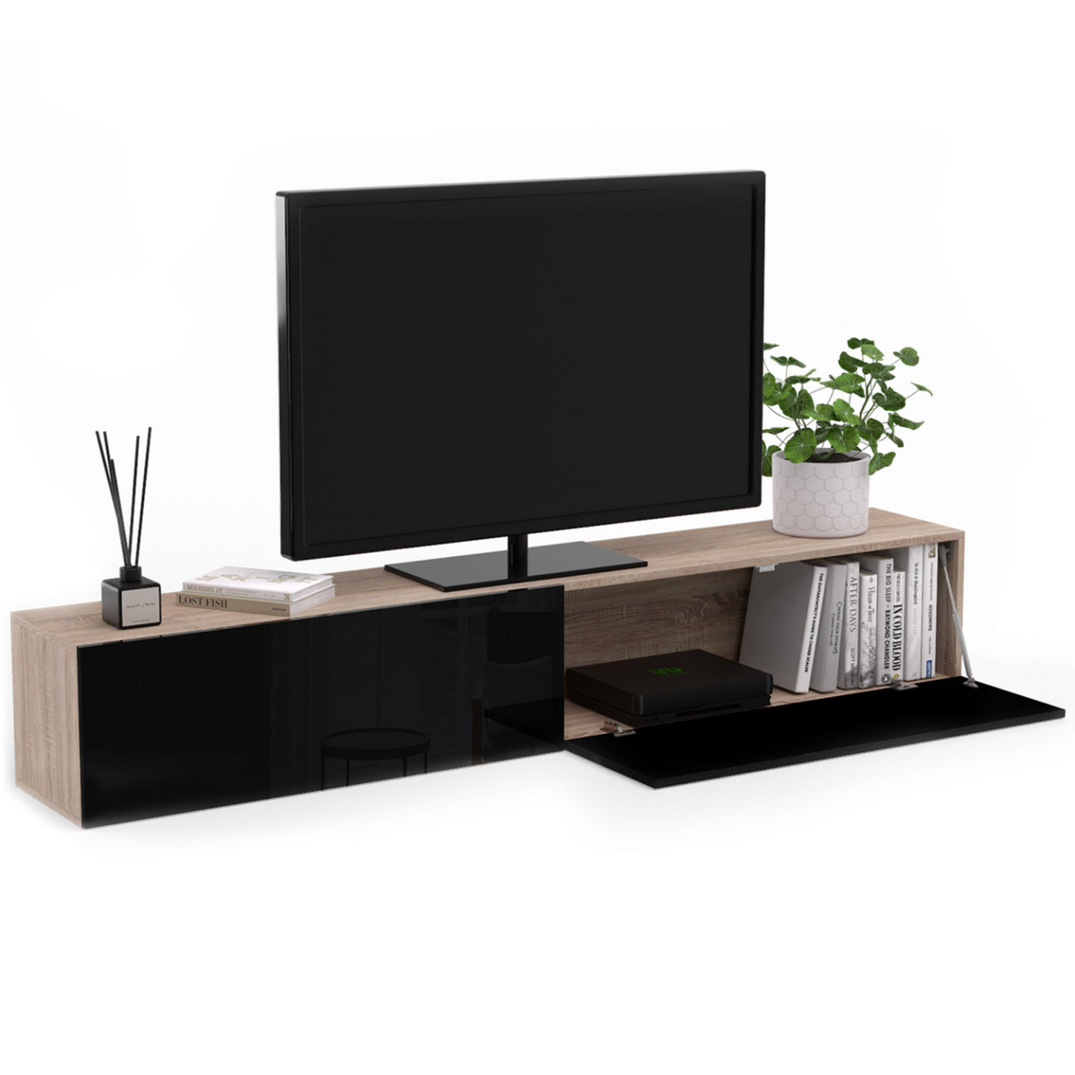 ID MARKET Meuble TV 180 cm suspendu ELIO 2 portes bois et noir
