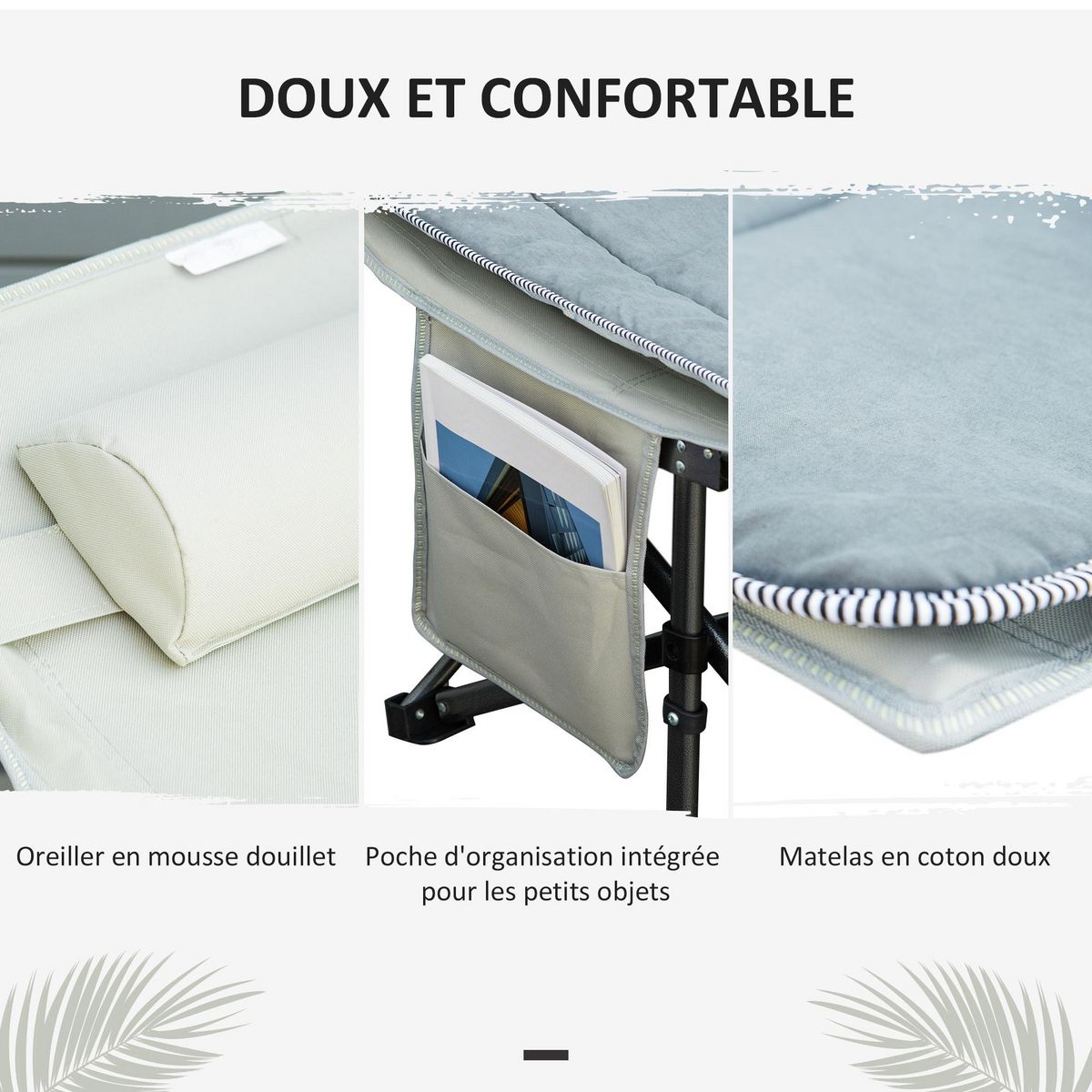 OUTSUNNY Lit de camp lit d'appoint pliable - pochette rangement, tétière, sac de transport, matelas inclus métal Oxford gris