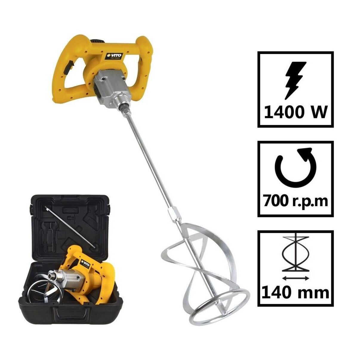 VITO Malaxeur de chantier 1400W Mélangeur à béton Tige 590mm Pale 140 mm Capacité 65L 2 vitesses Coffre de rangement VITO