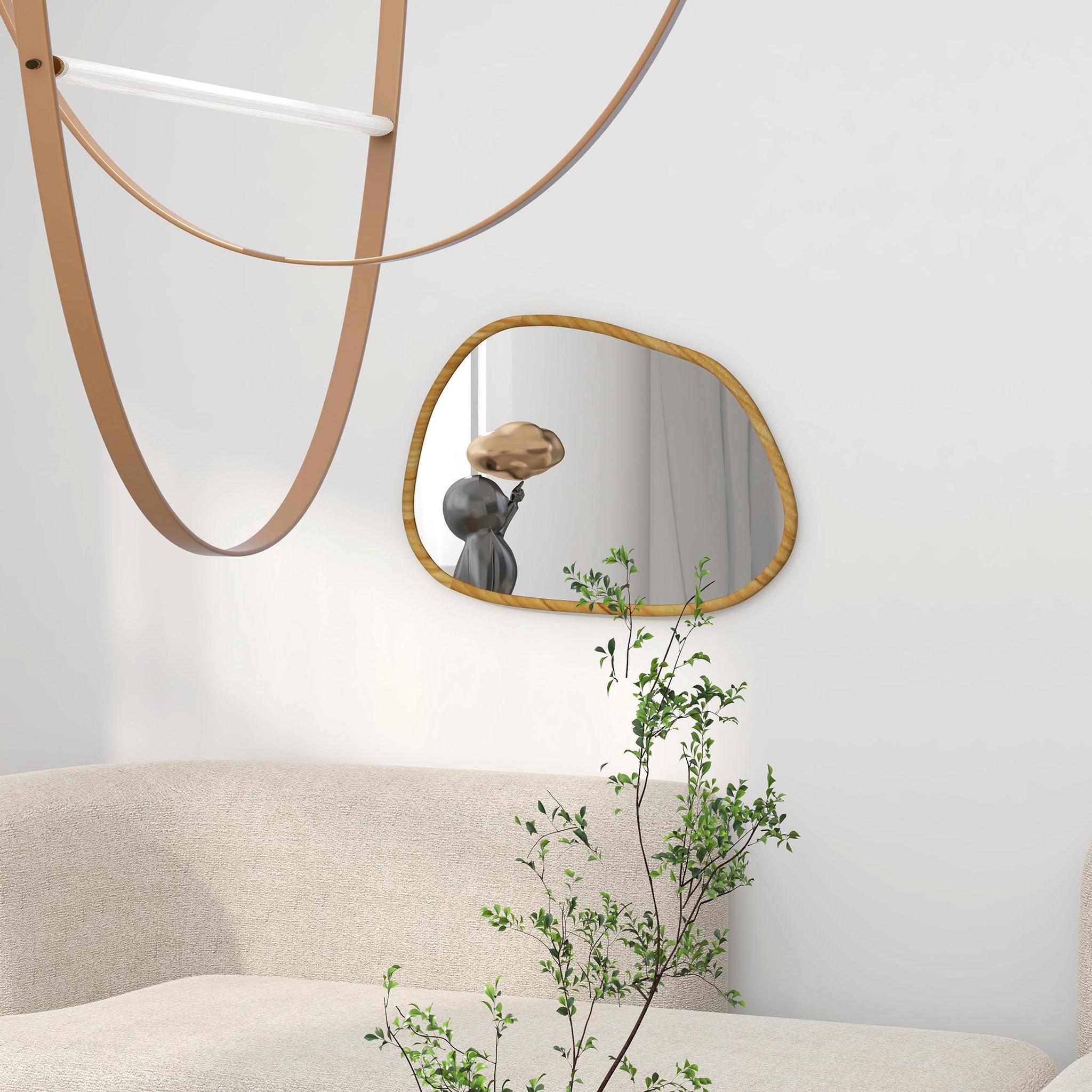Voir la diapositive 4 : HOMCOM Miroir mural décoratif forme organique dim. 70L x 50H cm cadre bois de pin verni