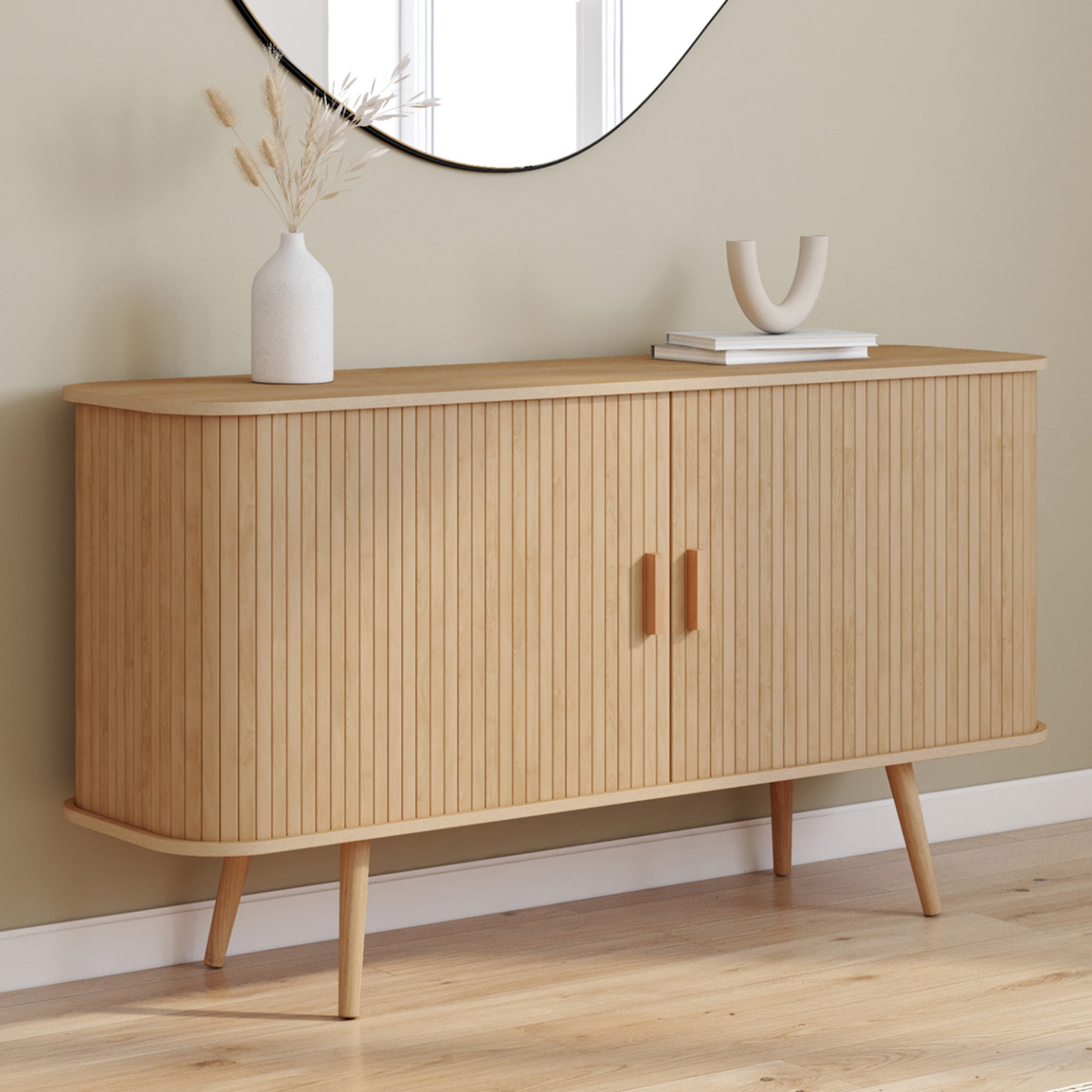 Voir la diapositive 2 : ID MARKET Buffet 140 cm romie 2 portes coulissantes latte tasseau bois coloris chêne