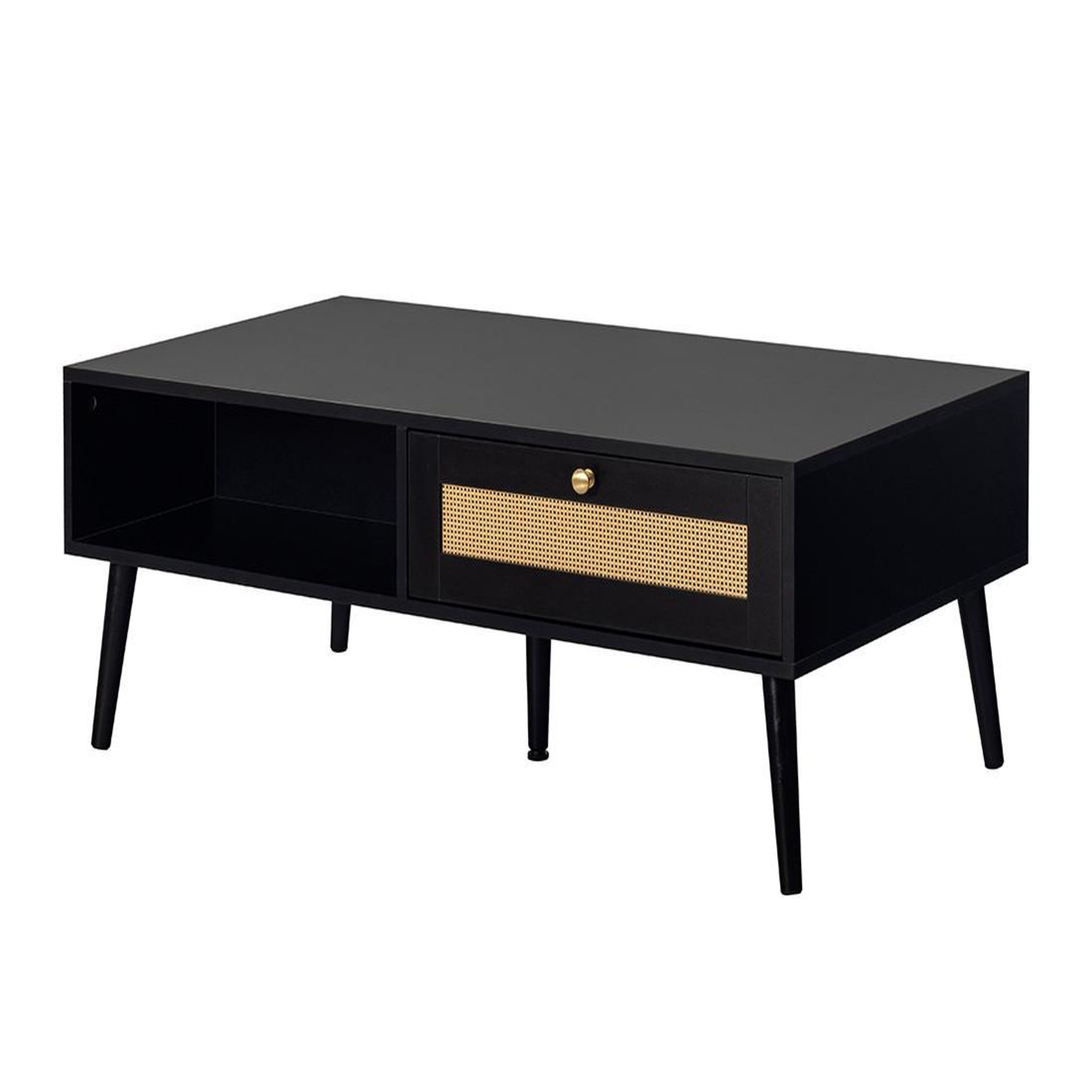 Voir la diapositive 2 : BEST MOBILIER Goto - table basse - noir et cannage - 1 tiroir et 1 niche - 110 cm