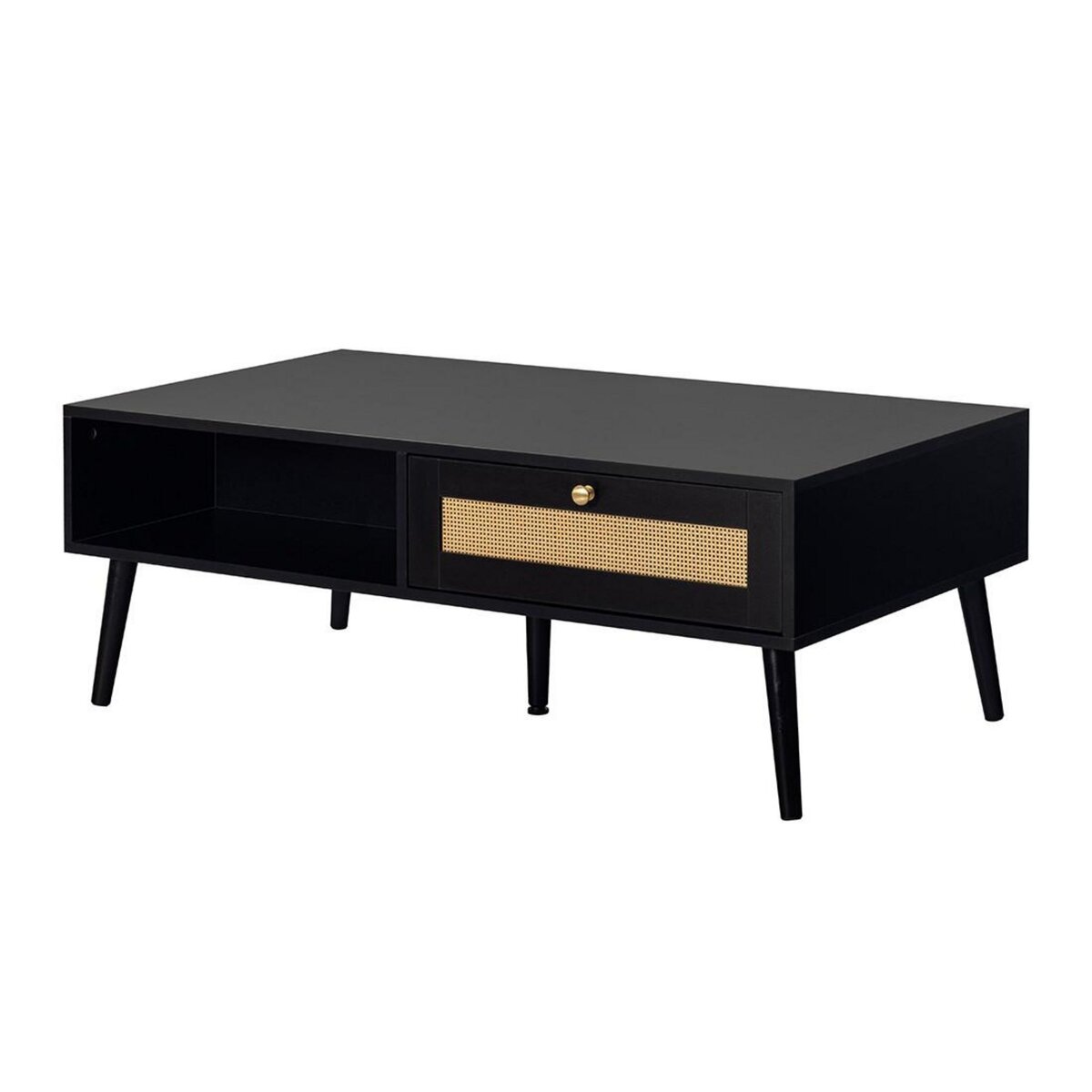 BEST MOBILIER Goto - table basse - noir et cannage - 1 tiroir et 1 niche - 110 cm