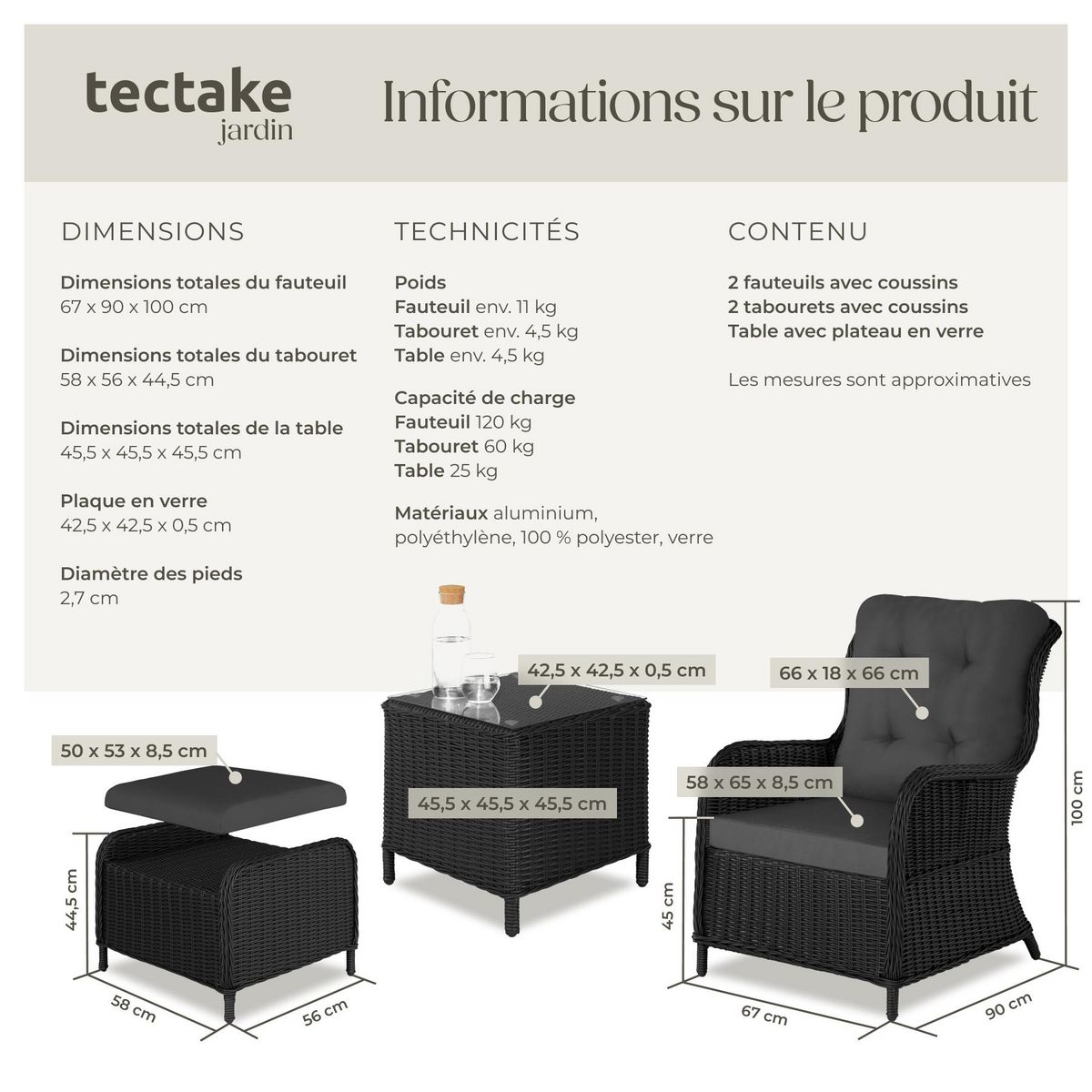 tectake Salon de jardin pour 2 à 4 personnes noir/gris