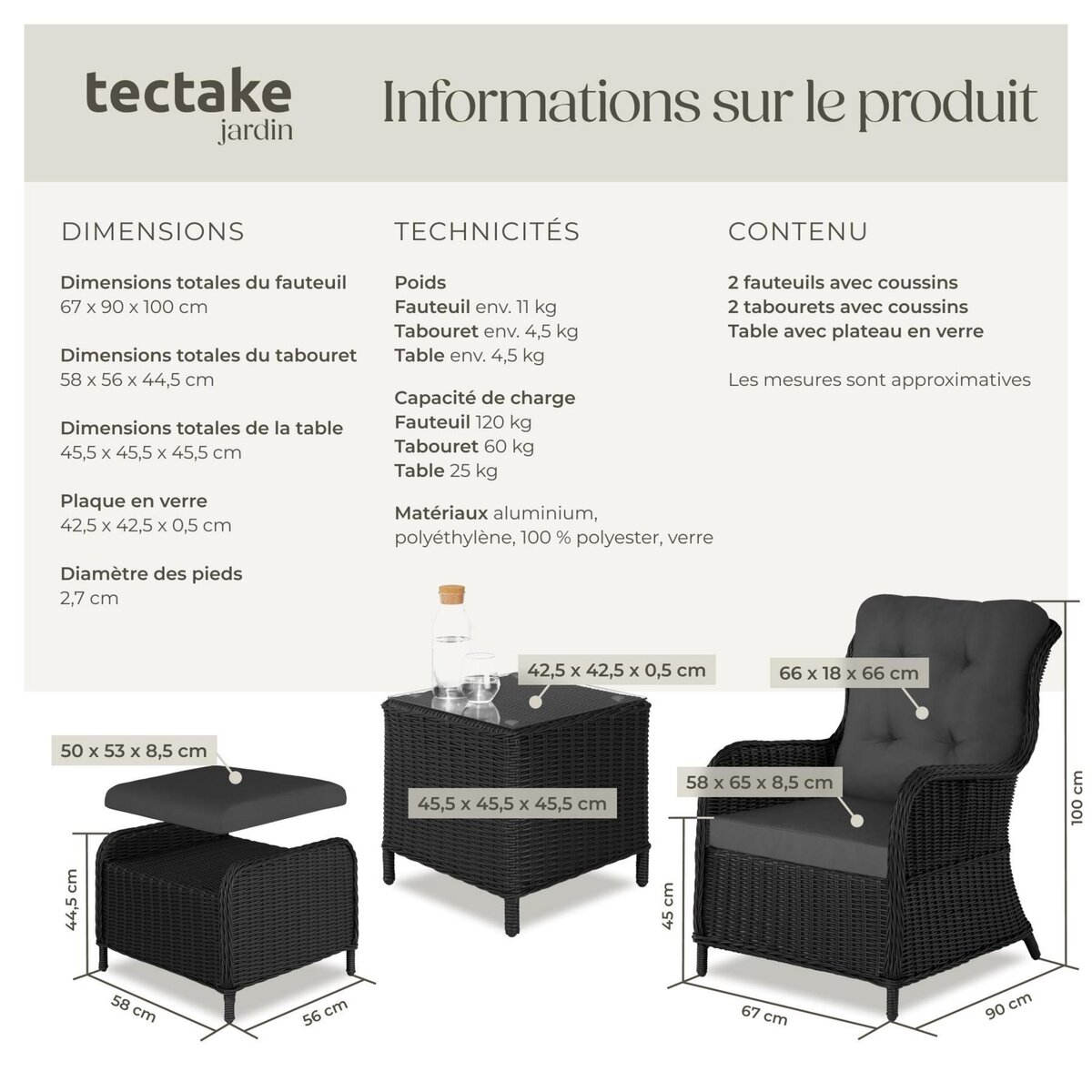 tectake Salon de jardin pour 2 à 4 personnes noir/gris