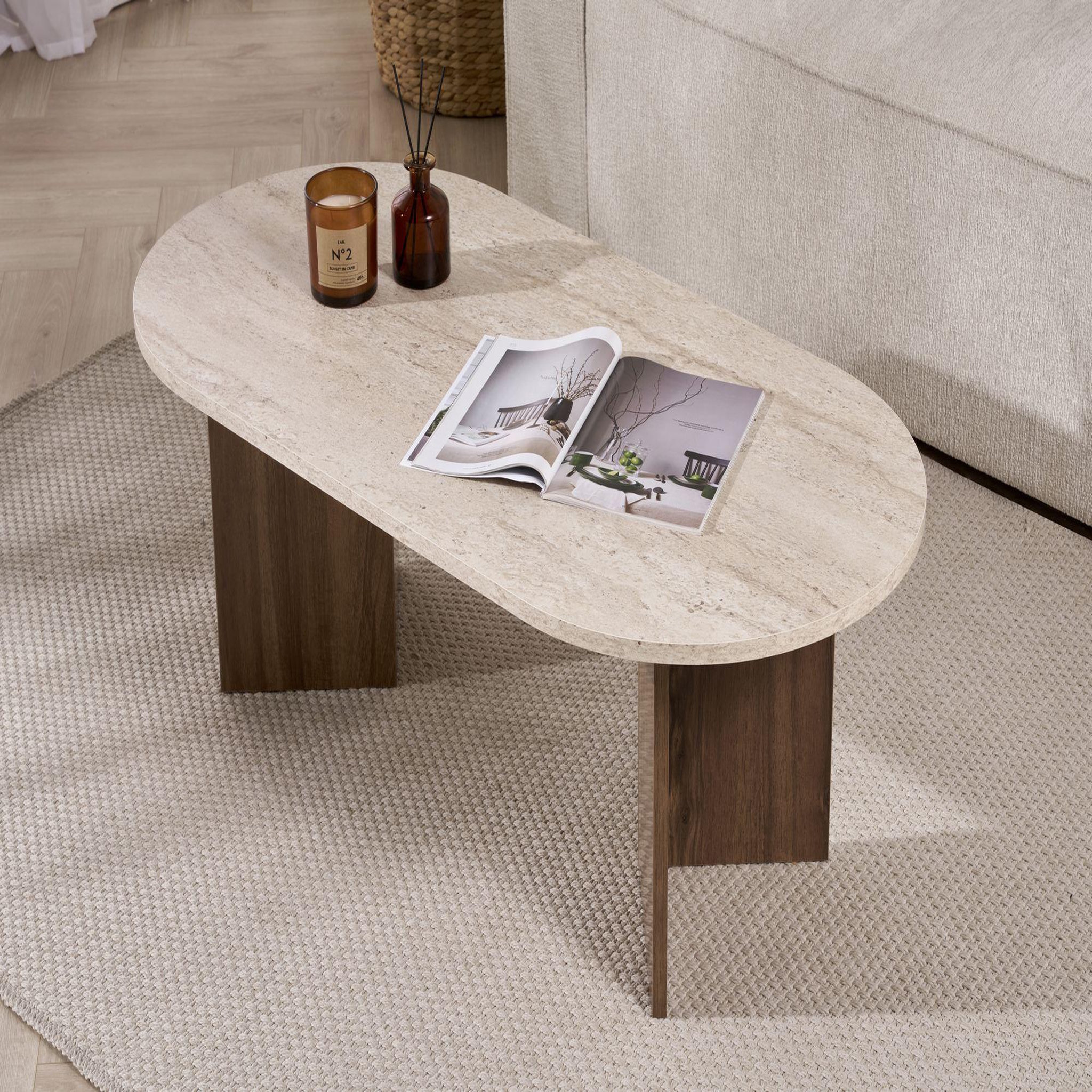 Voir la diapositive 4 : Habitat et Jardin Table basse en bois  sable  119 x 60 x 40 cm - travertin