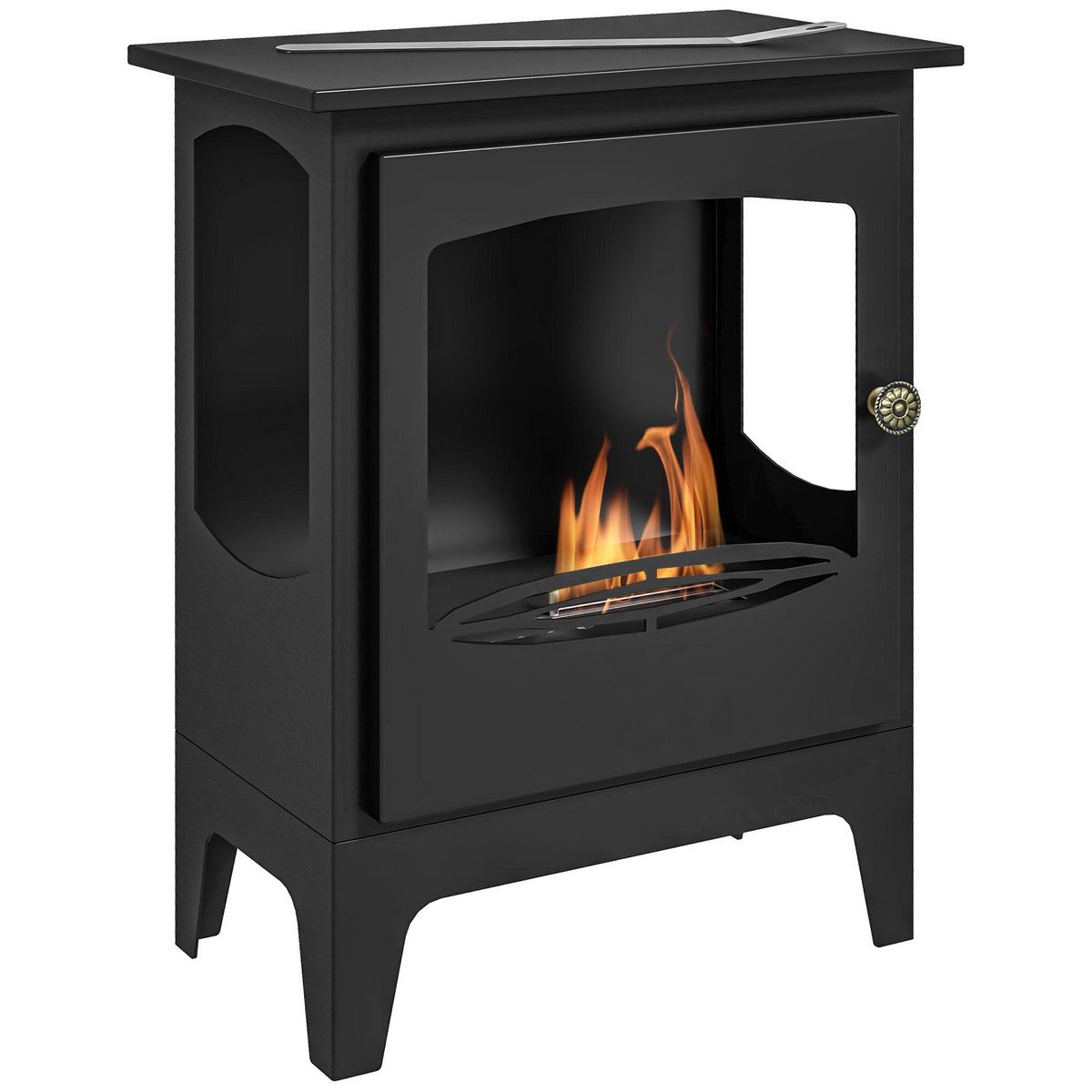 HOMCOM Cheminée bioéthanol sur pied style néo-rétro poêle - brûleur 1,2 L - contrôle de flamme et manche inclus - acier noir