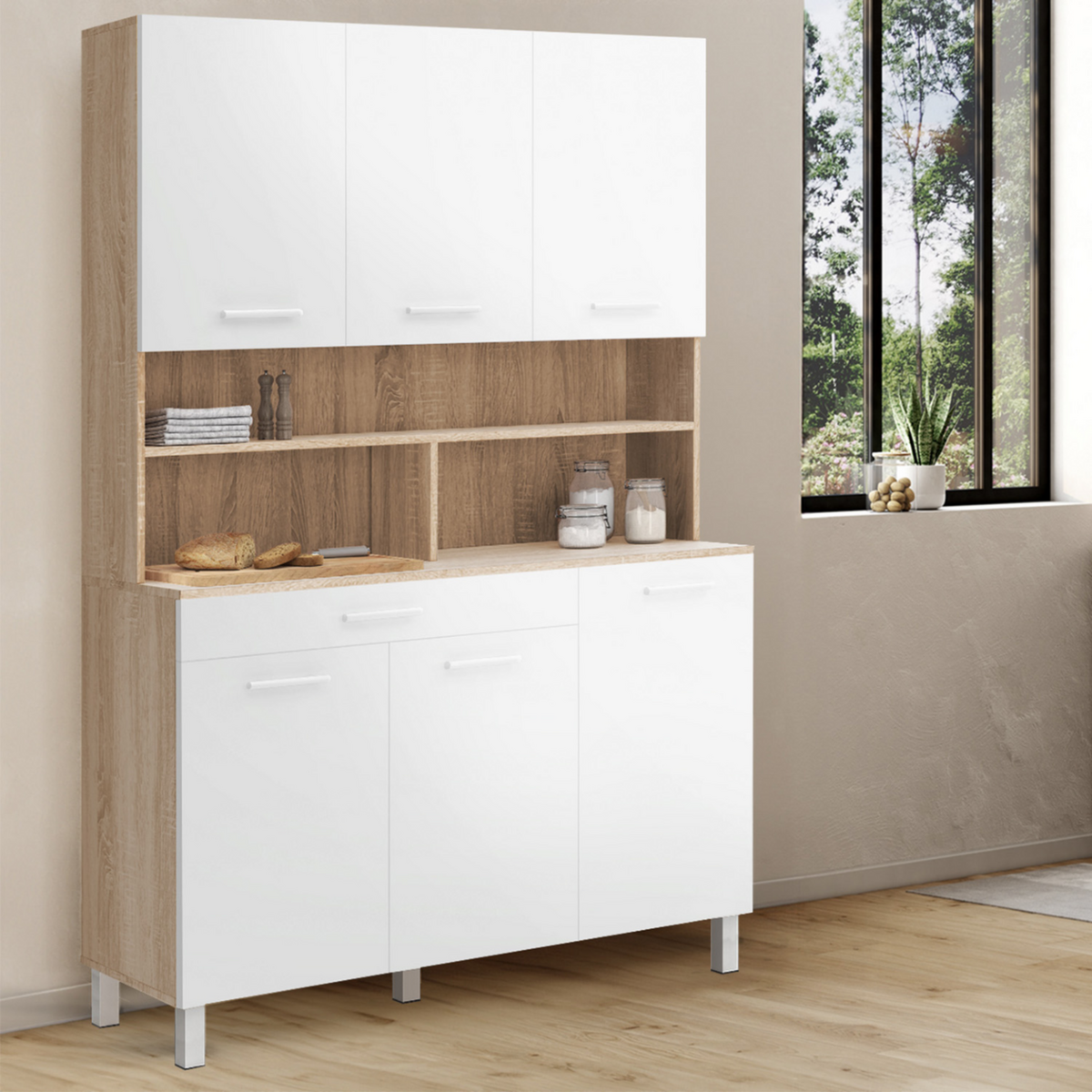 ID MARKET Buffet de cuisine 120 CM CINA 6 portes + tiroir façon hêtre et blanc