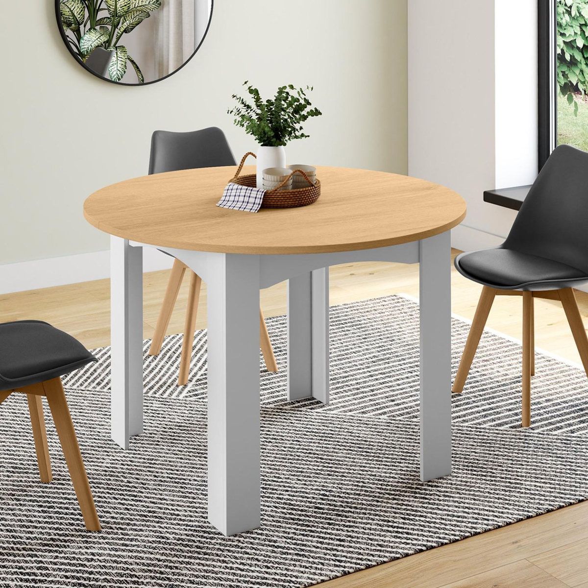 ID MARKET Table à manger extensible ronde DONA 4-10 personnes blanche plateau façon hêtre 110-200 cm