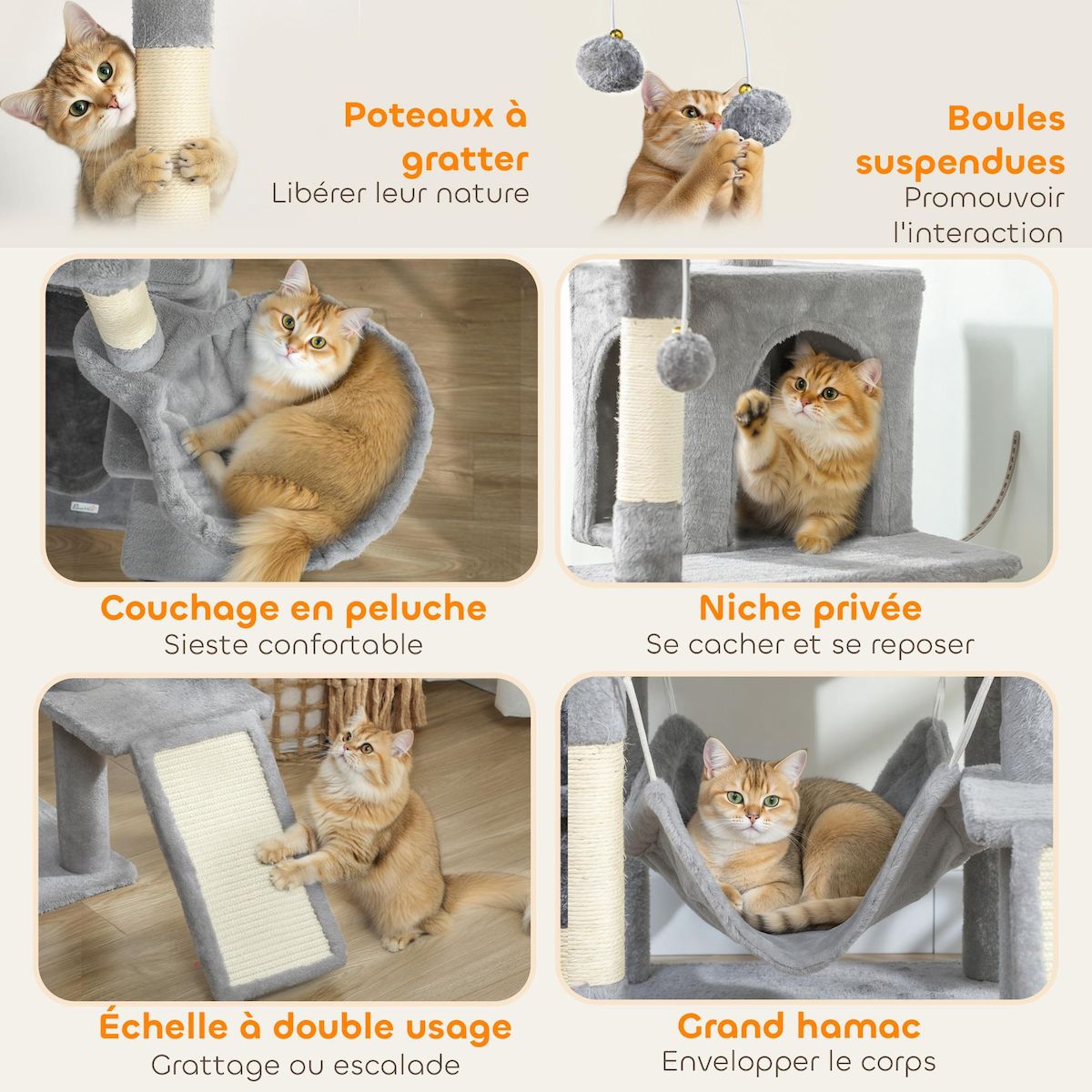 PAWHUT Arbre à chat design XXL gris clair multi-activités - zones de repos, griffoirs, grattoir - H.192 cm