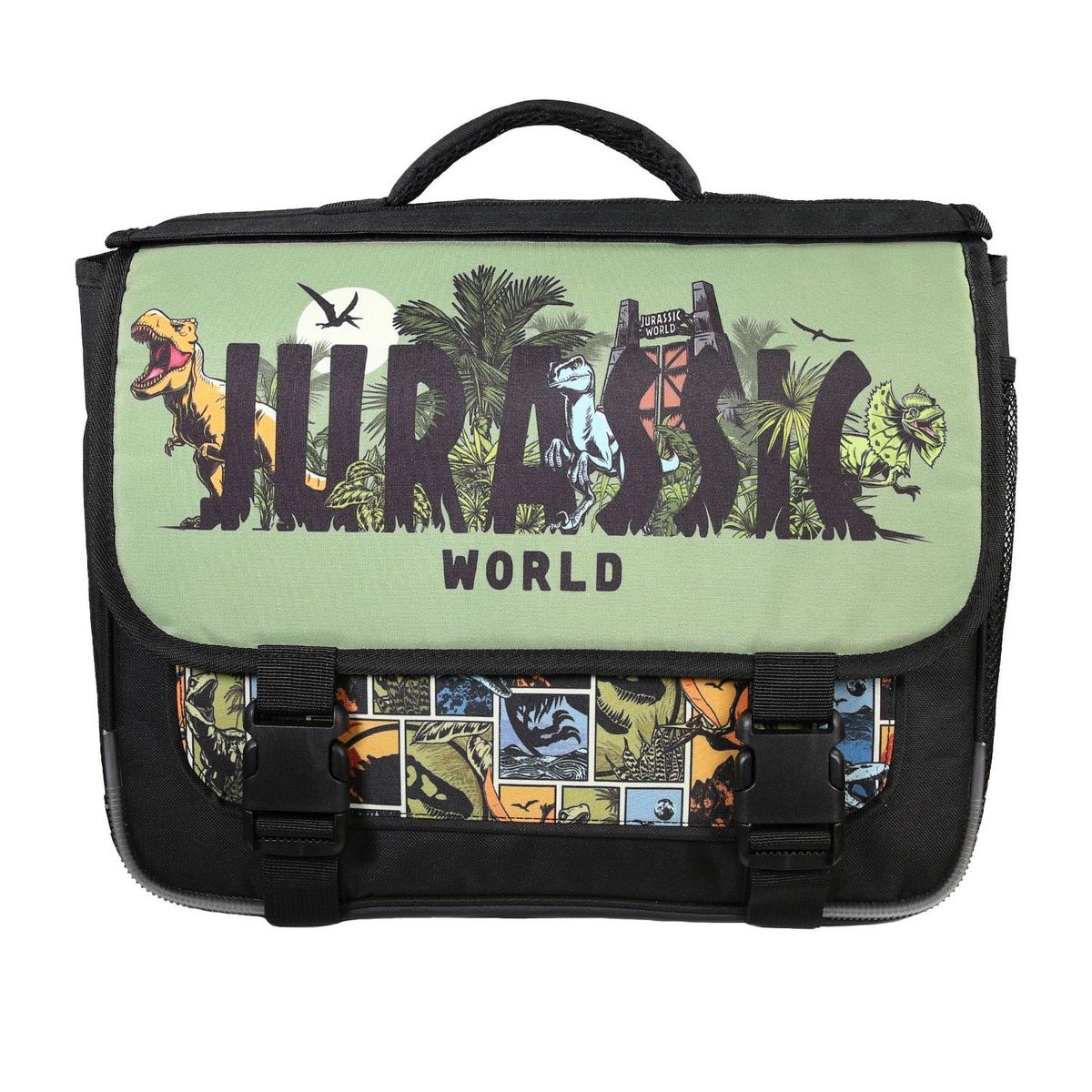 Bagtrotter Bagtrotter - Jurassic World - Cartable 38cm  -  Noir et Vert Kaki  - 2 Compartiments  - 1 Poche Sous Rabat - 1 Poche Bouteille - Bretelles Matelassés - Fond Renforcé - Dos Matelassé -  Rabat Réversible - 38x13x34cm - Matière Polyester - Cartable Scol