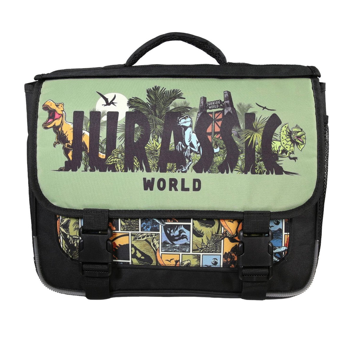 Bagtrotter Bagtrotter - Jurassic World - Cartable 38cm  -  Noir et Vert Kaki  - 2 Compartiments  - 1 Poche Sous Rabat - 1 Poche Bouteille - Bretelles Matelassés - Fond Renforcé - Dos Matelassé -  Rabat Réversible - 38x13x34cm - Matière Polyester - Cartable Scol