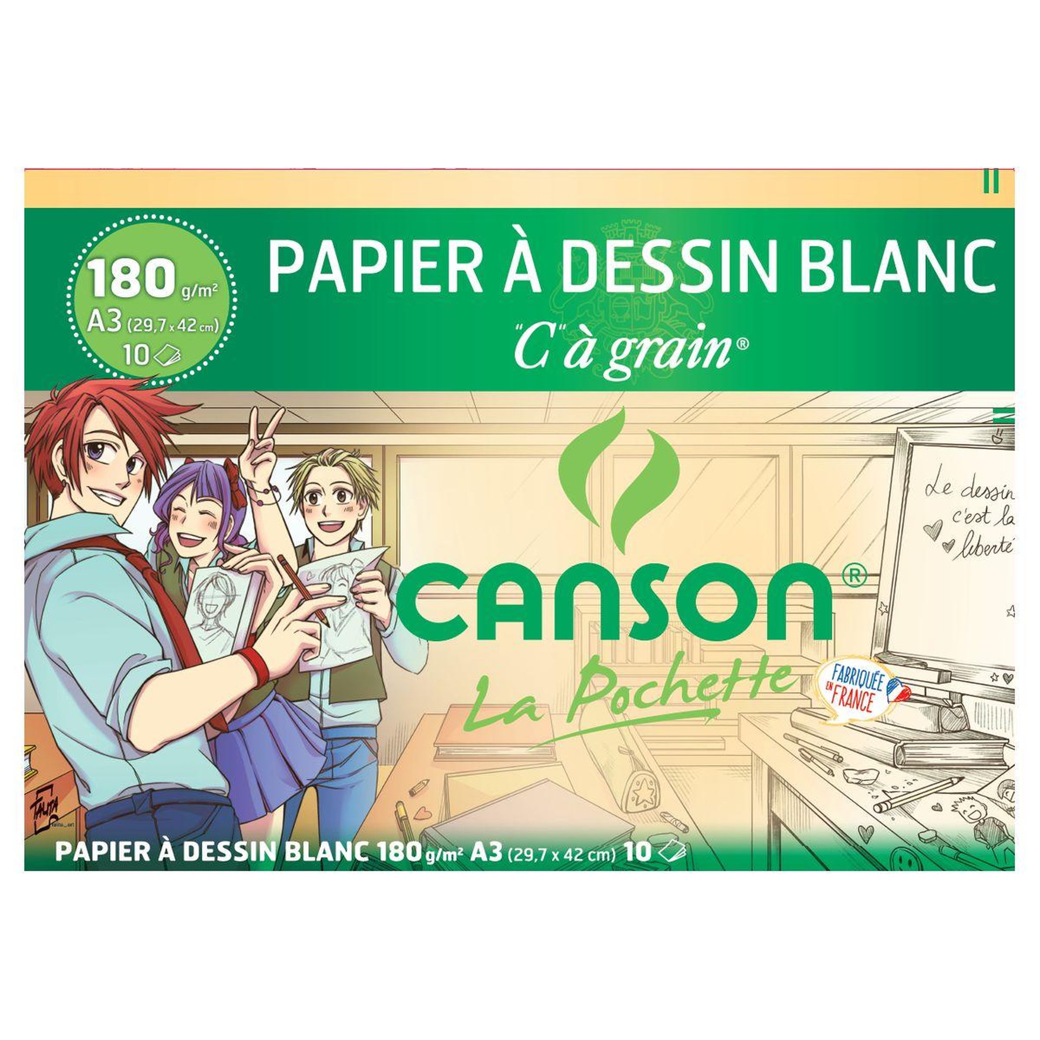 CANSON Pochette papier à dessin blanc 10 feuilles A3 à grain 180g/m2