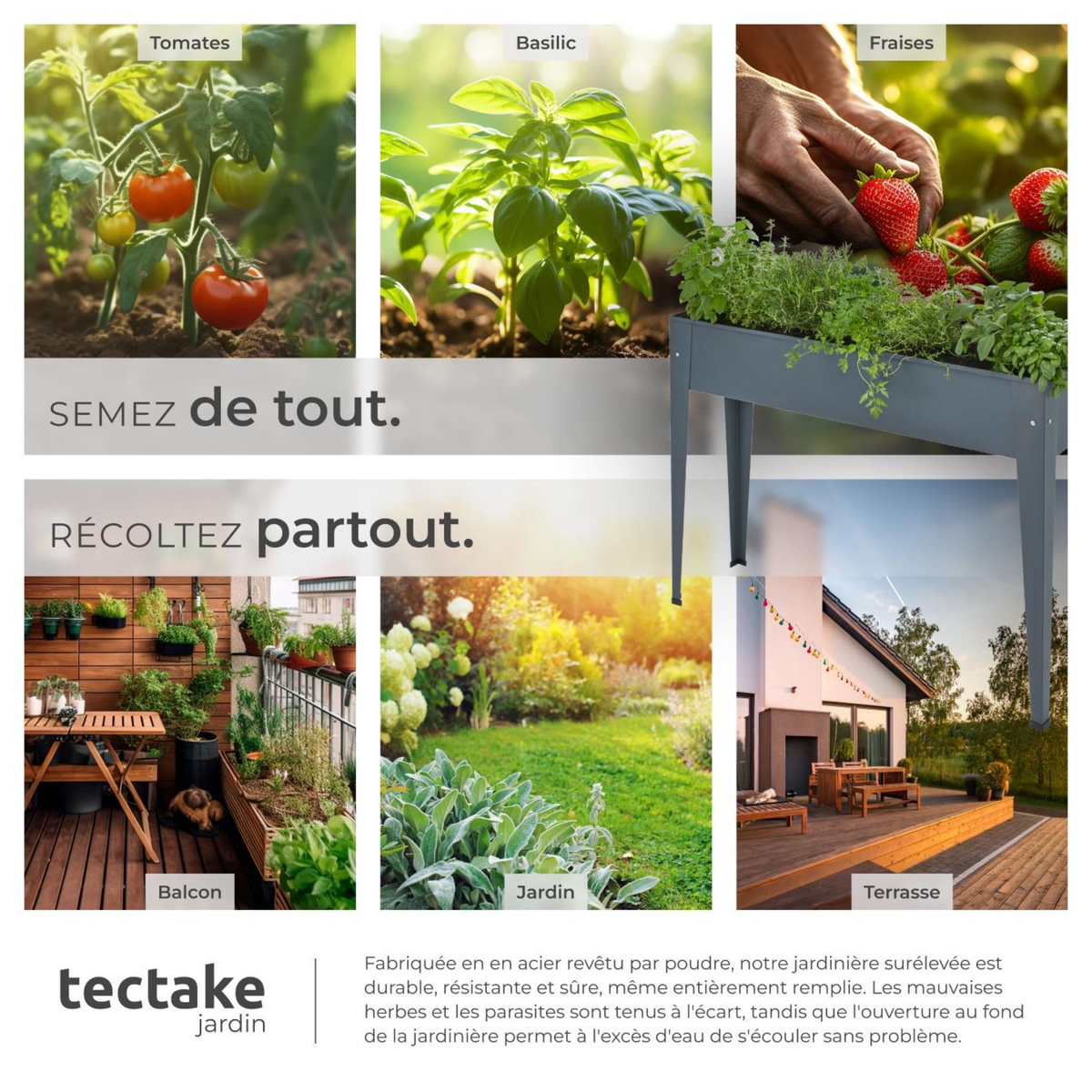 tectake Carré potager sur pied en acier lâqué époxy gris anthracite