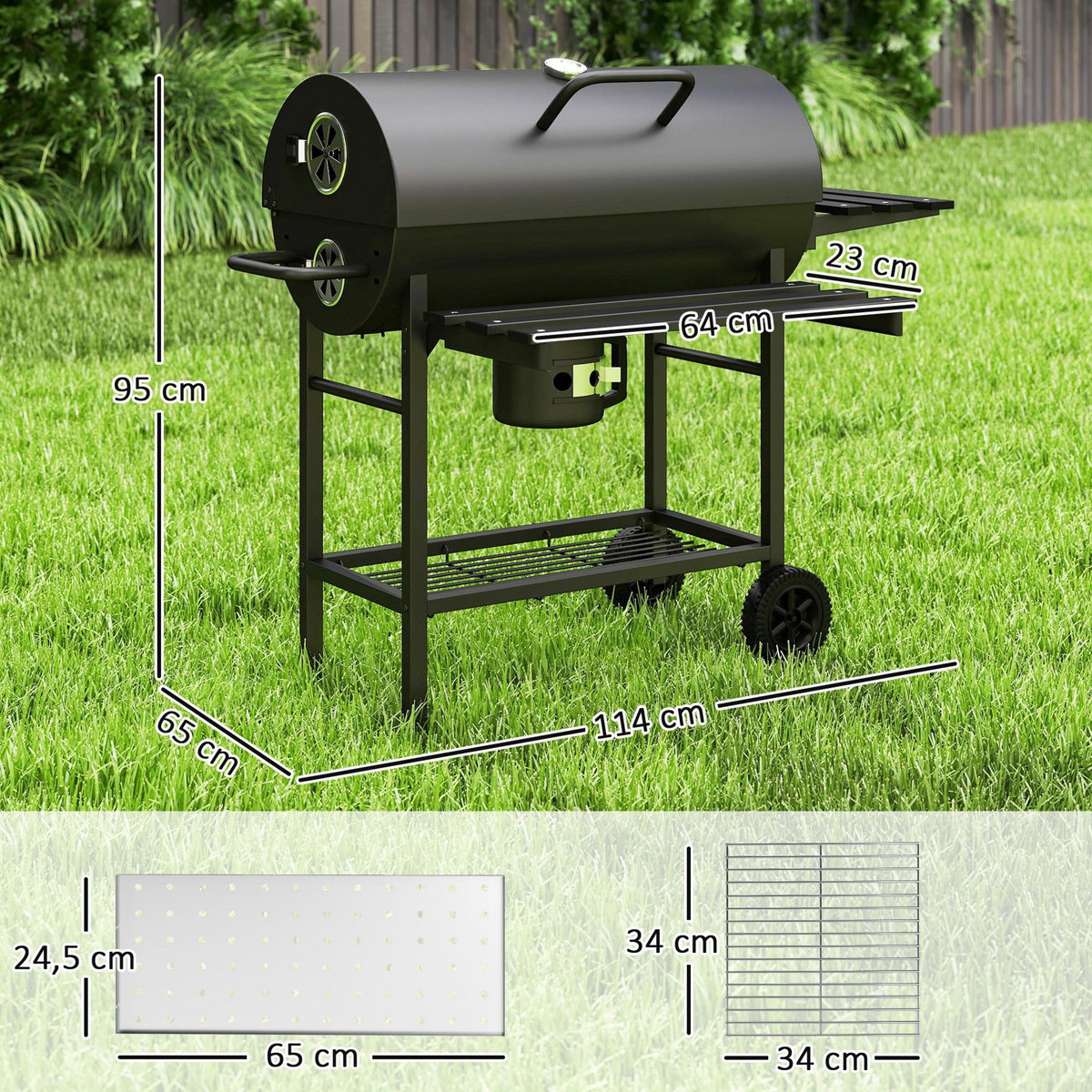 OUTSUNNY Barbecue charbon de bois avec couvercle 2 roues - 2 tablettes pliables, étagère, thermomètre - acier noir