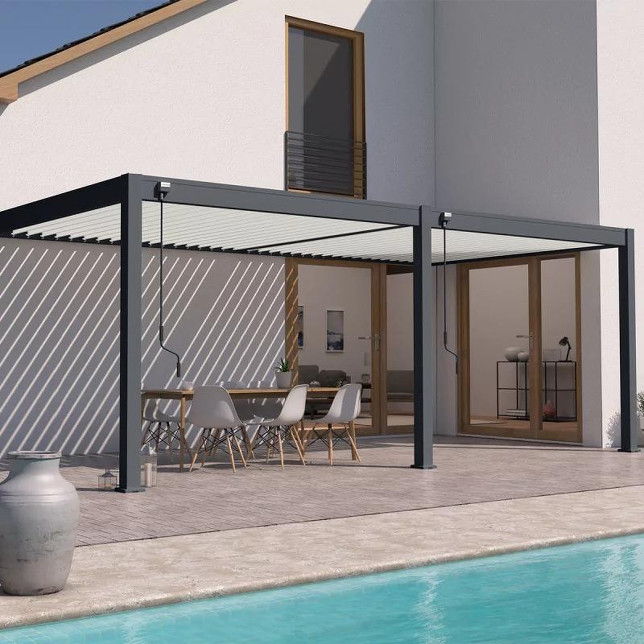 CENTRALE BRICO Pergola bioclimatique adossée 6 x 3 m avec 2 stores blancs - aluminium anthracite et lames blanches - toiture étanche