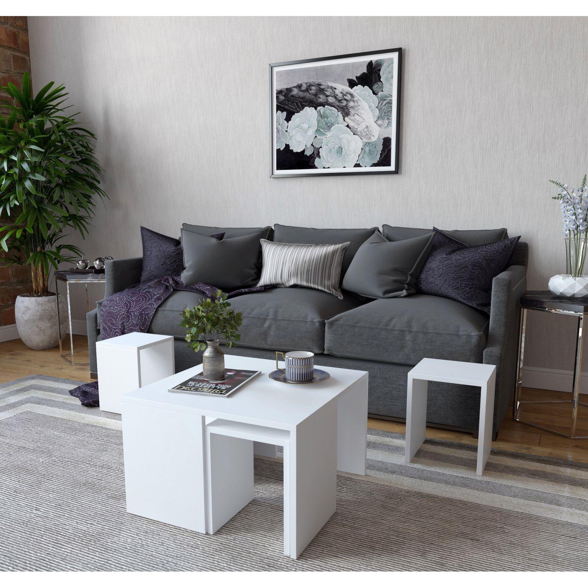 Voir la diapositive 2 : TOILINUX Ensemble table basse et 3 tables d'appoint gigognes roskilde - blanc