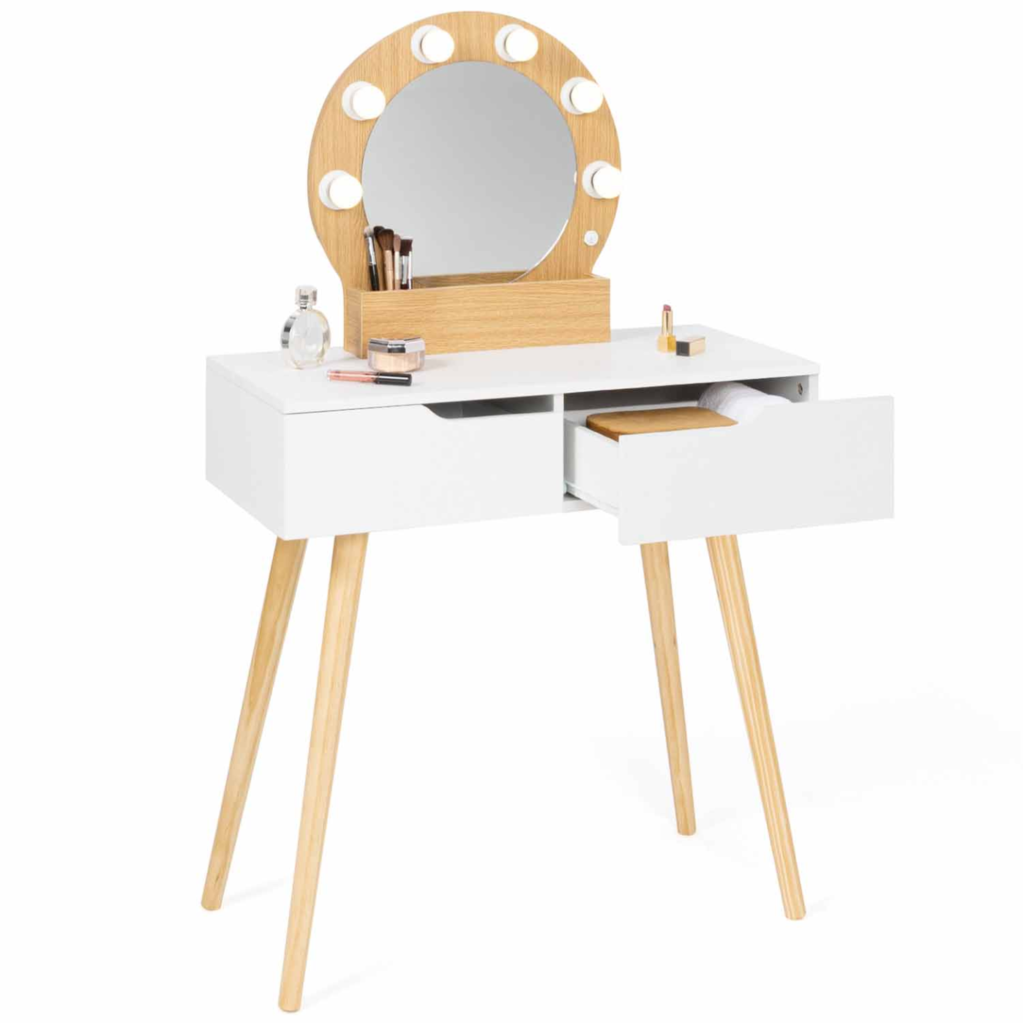 Voir la diapositive 4 : ID MARKET Coiffeuse scandinave 2 tiroirs horia bois et blanc avec miroir led