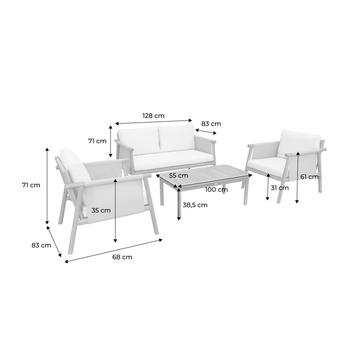 SWEEEK Salon de jardin bois d'acacia et tissu beige 4 places - Koa