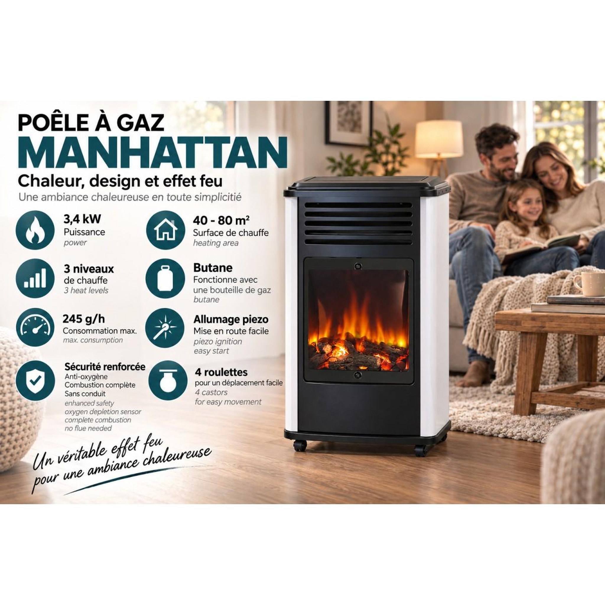 Voir la diapositive 3 : SAHARA Poele à gaz 3.4KW Blanc et noir Chauffage d'appoint effet Feu Manhattan Sahara