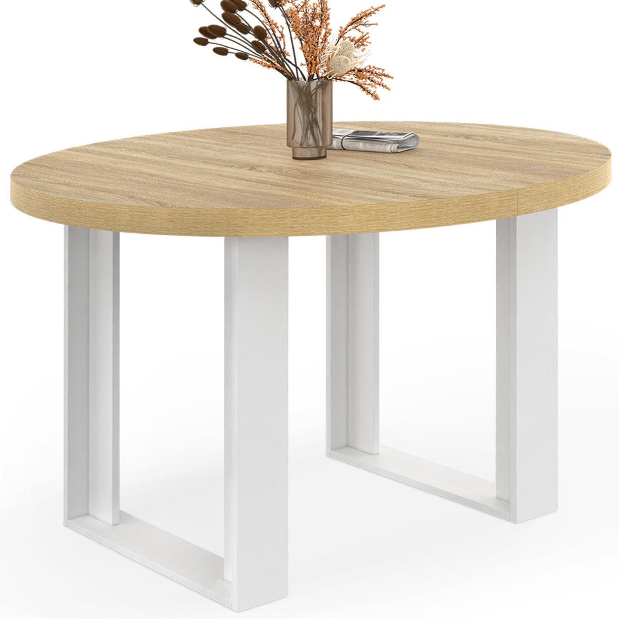 ID MARKET Table à manger fixe ronde phoenix 4 personnes bois et blanc 110 cm